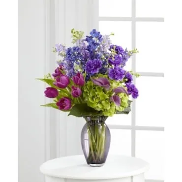 Glass Vase of Tulips, Larkspur, Calla Lilies, Carnations and Hydrangeas