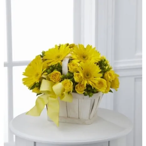 Garden Basket of Yellow Gerberas and Spray Roses