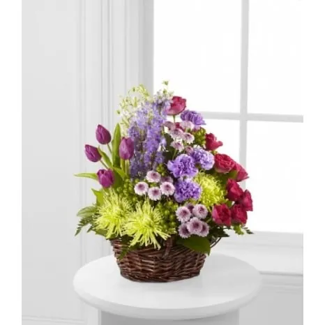 Basket of Purple Tulips and Lavender Spray Roses
