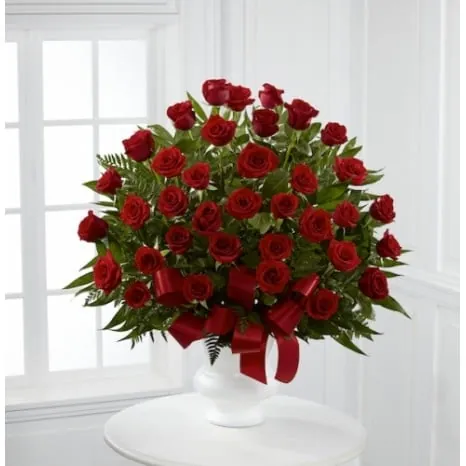 Designer Urn Arrangement of Brilliant Red Roses