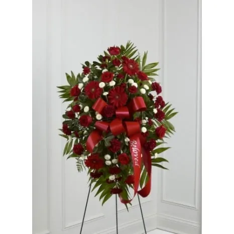 Standing Spray of Red Roses and Burgundy Carnations