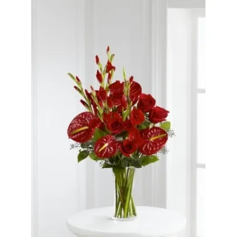 Deep Red Roses, Gladioli and Anthuriums