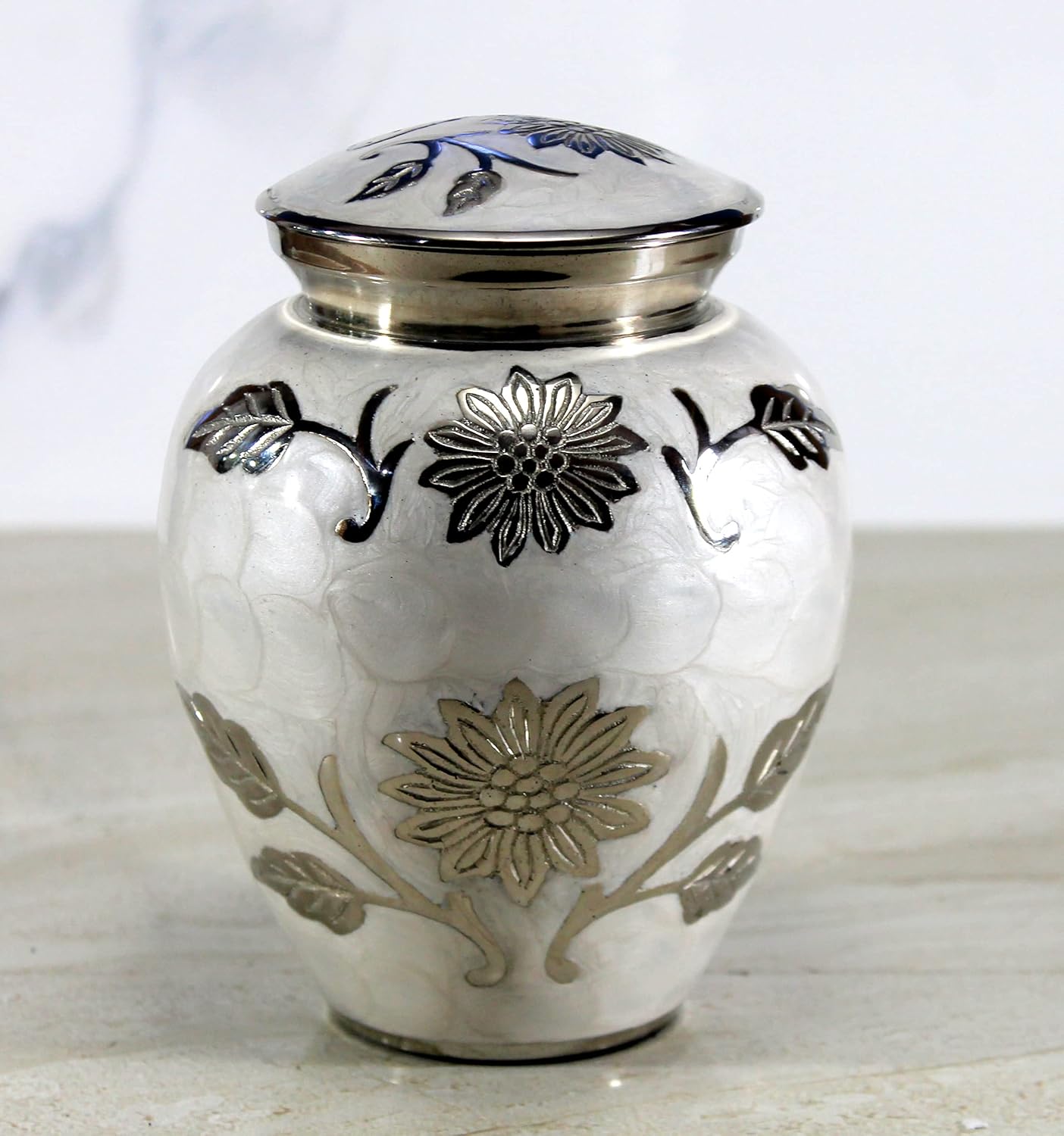 White Brass Urn, Silver and Beige Flowers