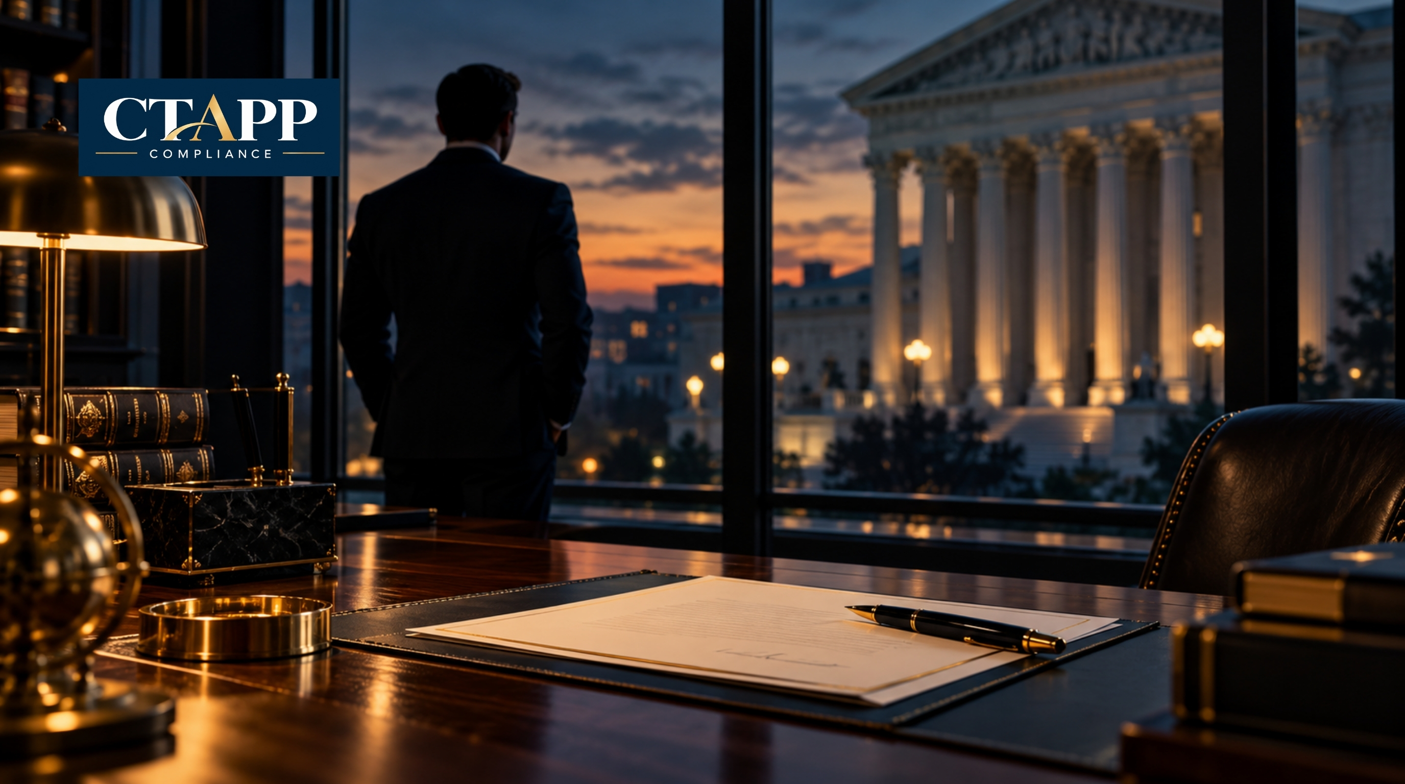 Silhouette of a professional at a law office window overlooking courthouse columns Silhouette of a professional at a law office window overlooking courthouse columns