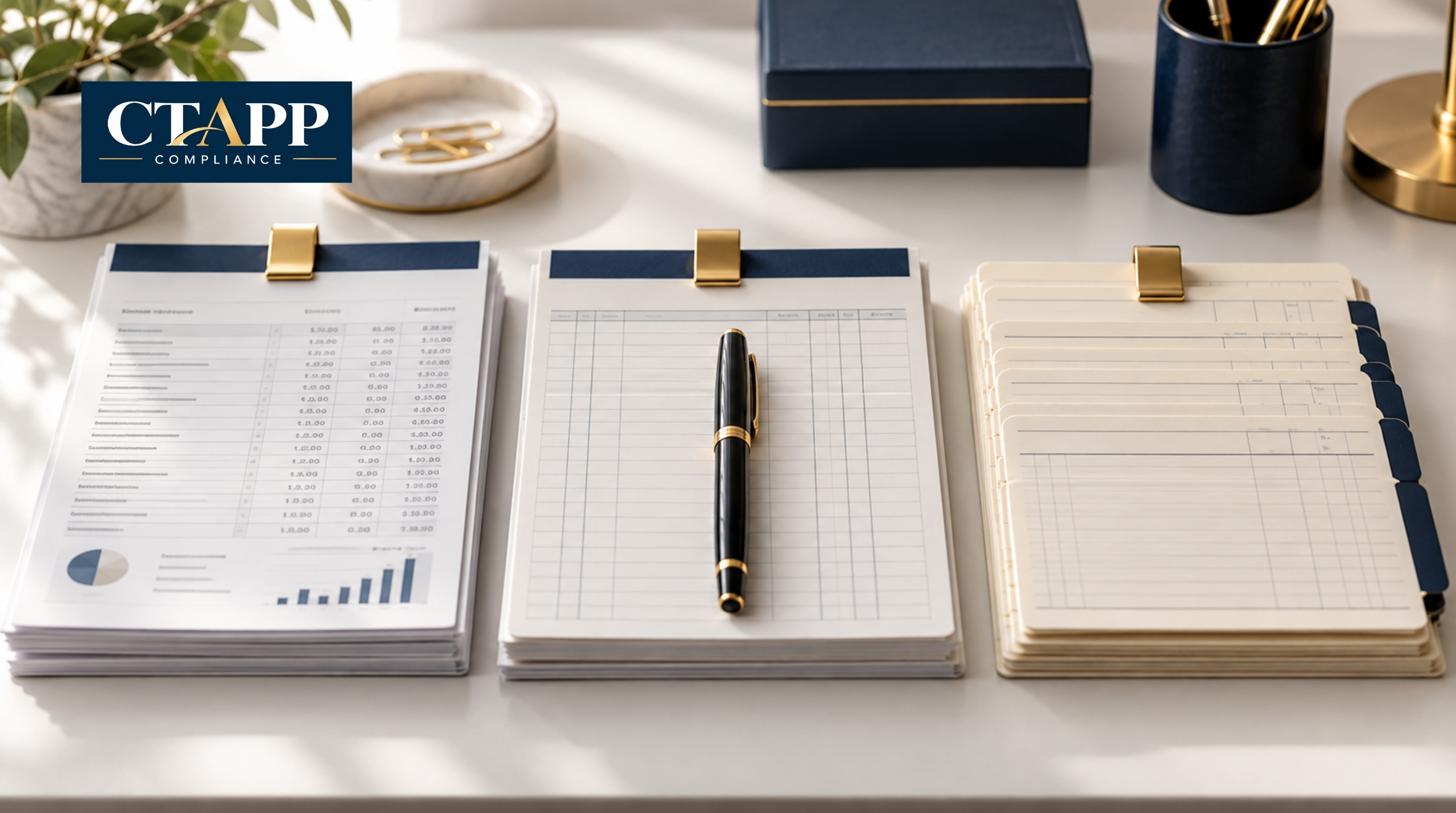 Three aligned stacks of bank statements, journal pages, and client ledger cards Three aligned stacks of bank statements, journal pages, and client ledger cards