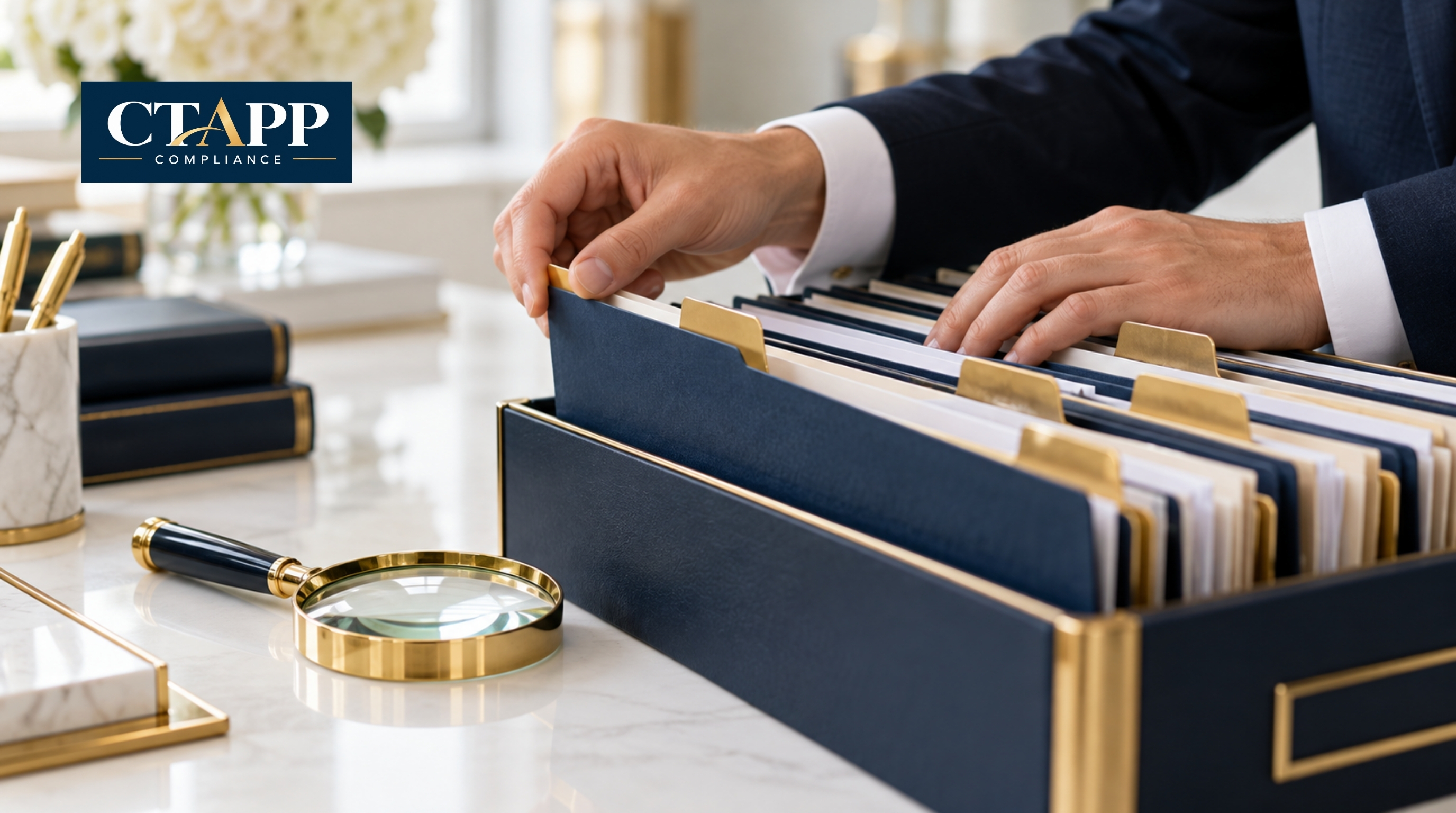 Hands reviewing tabbed client file folders with a magnifying glass Hands reviewing tabbed client file folders with a magnifying glass