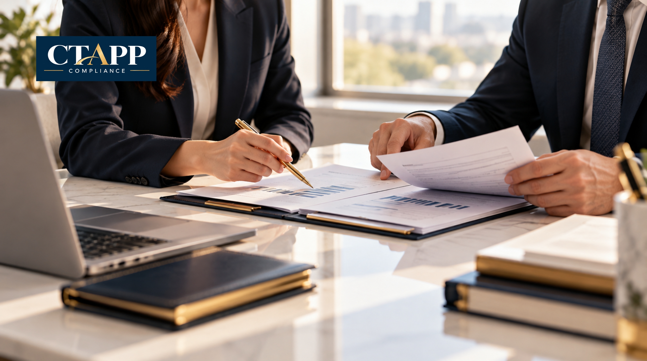 Two professionals reviewing trust account documents at a conference table Two professionals reviewing trust account documents at a conference table