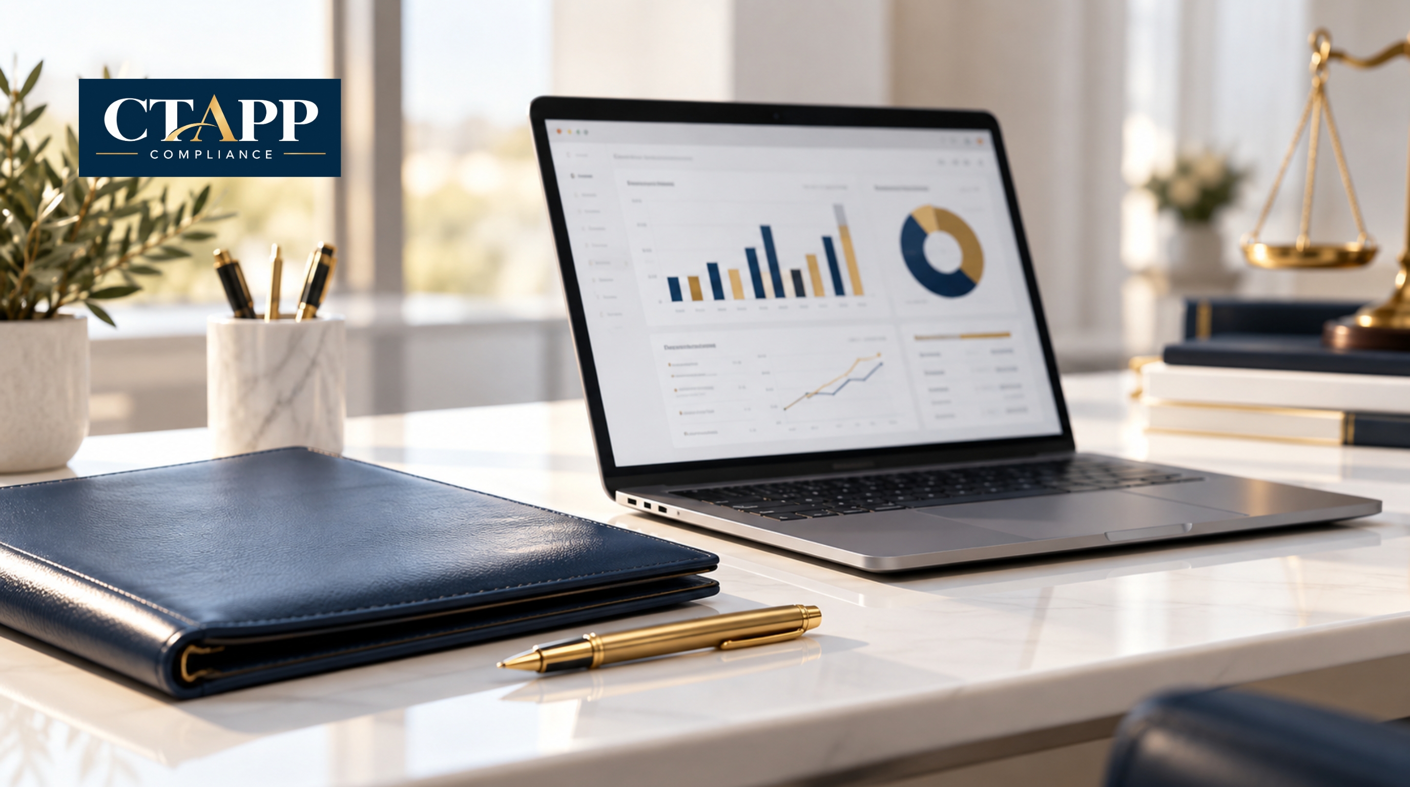 Laptop with accounting dashboard beside a navy folder on a white desk Laptop with accounting dashboard beside a navy folder on a white desk