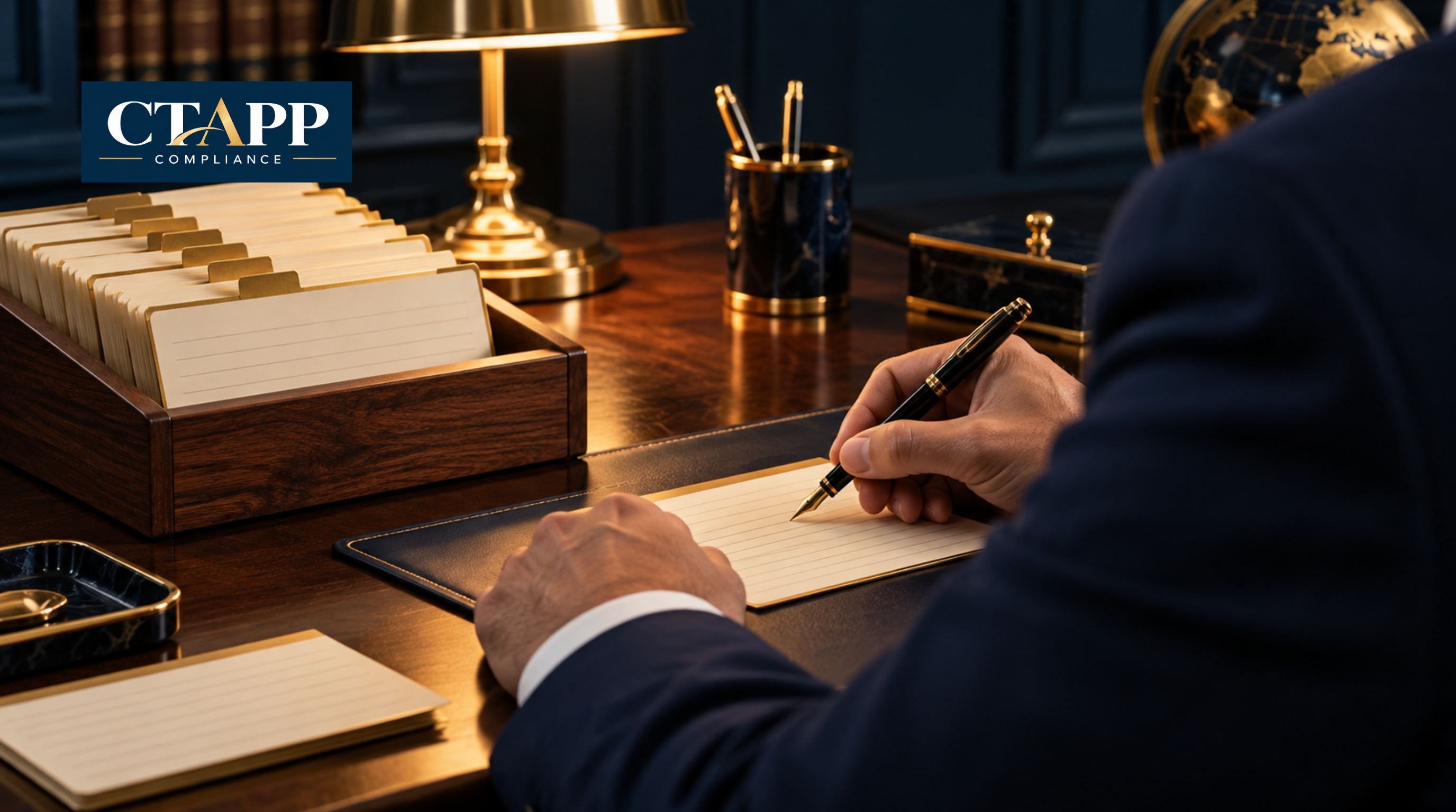 Professional updating individual client ledger cards with a fountain pen