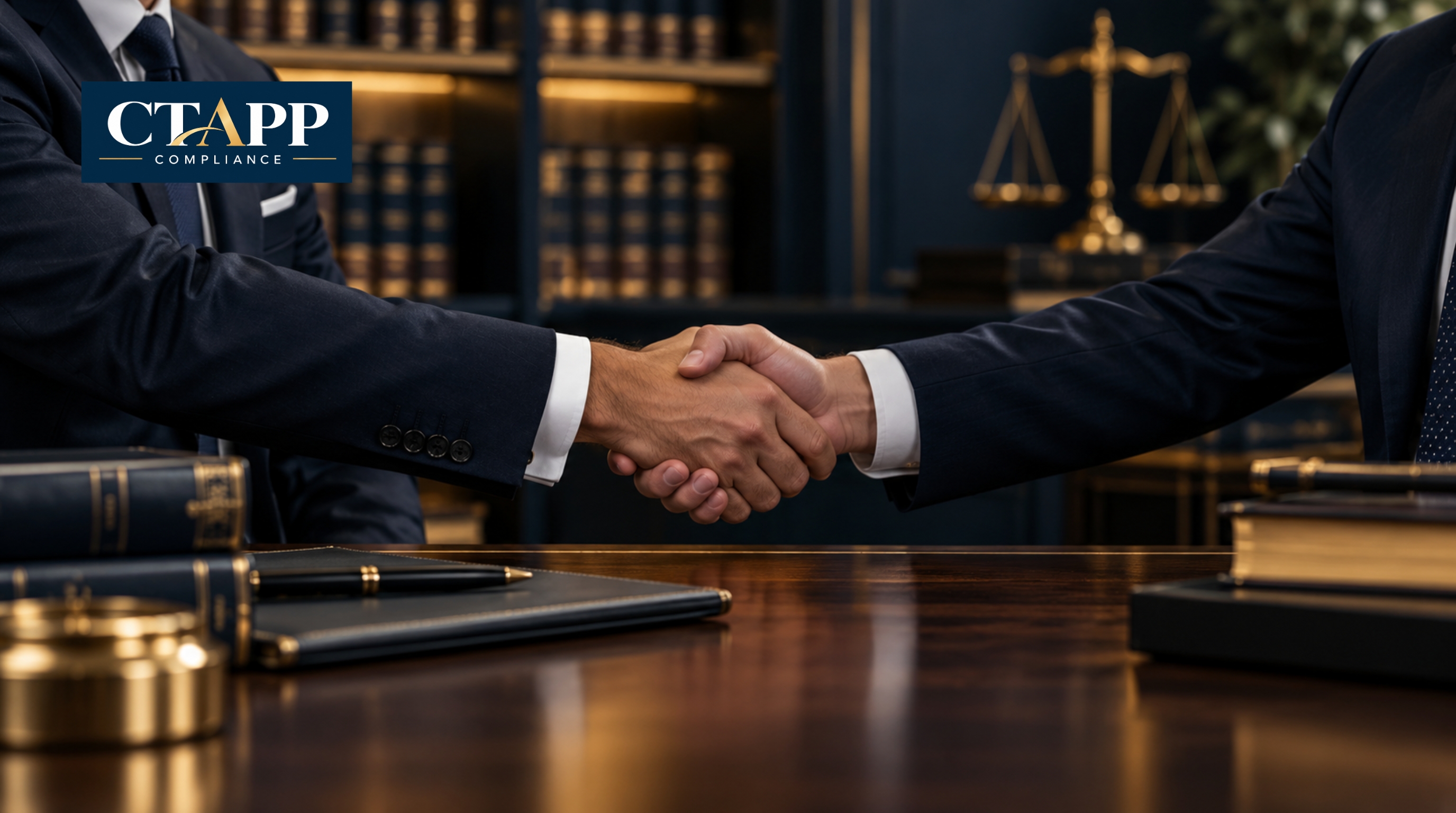 Two professionals shaking hands across a law firm conference table
