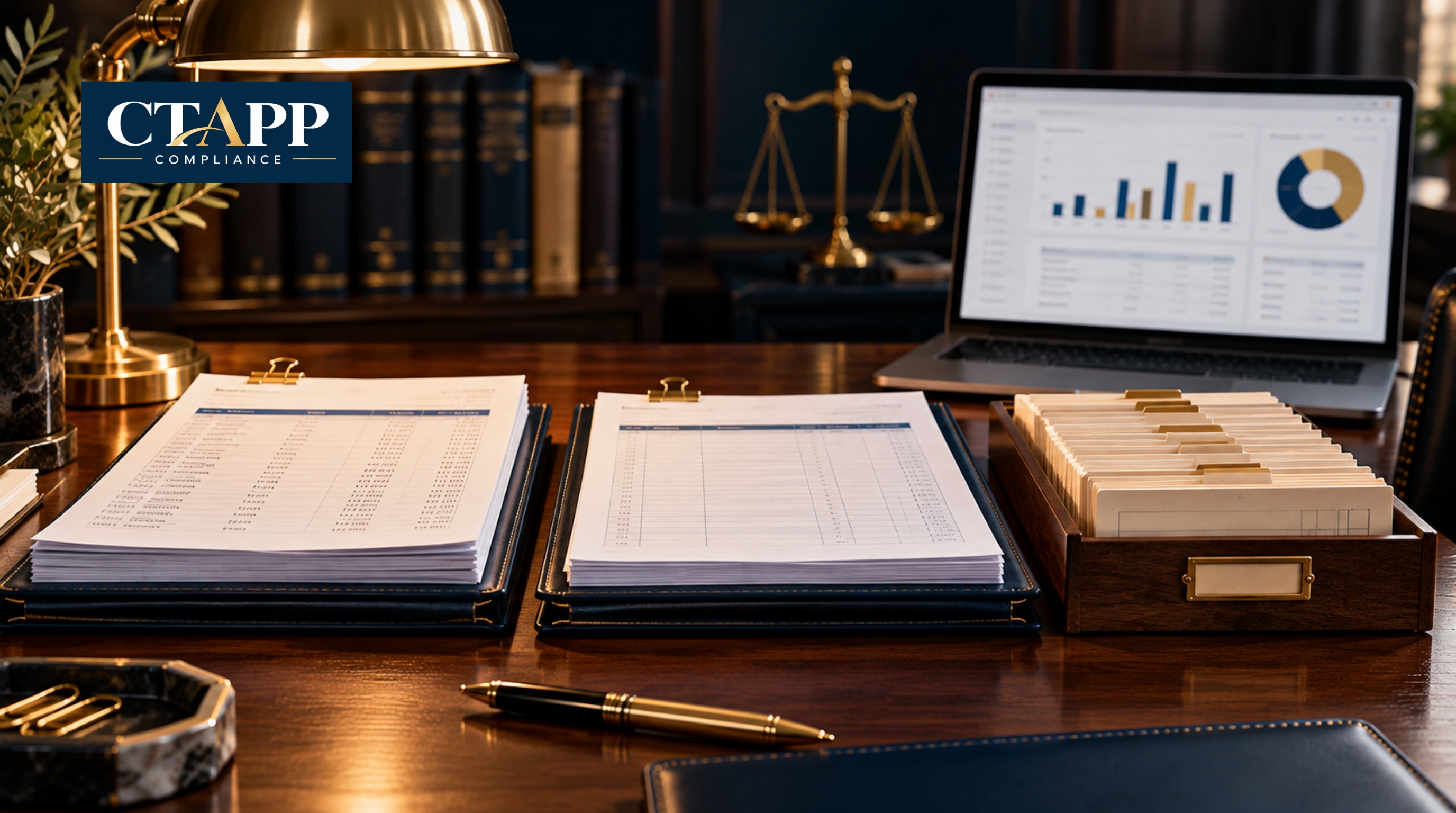 Three aligned document stacks beside a laptop for monthly reconciliation