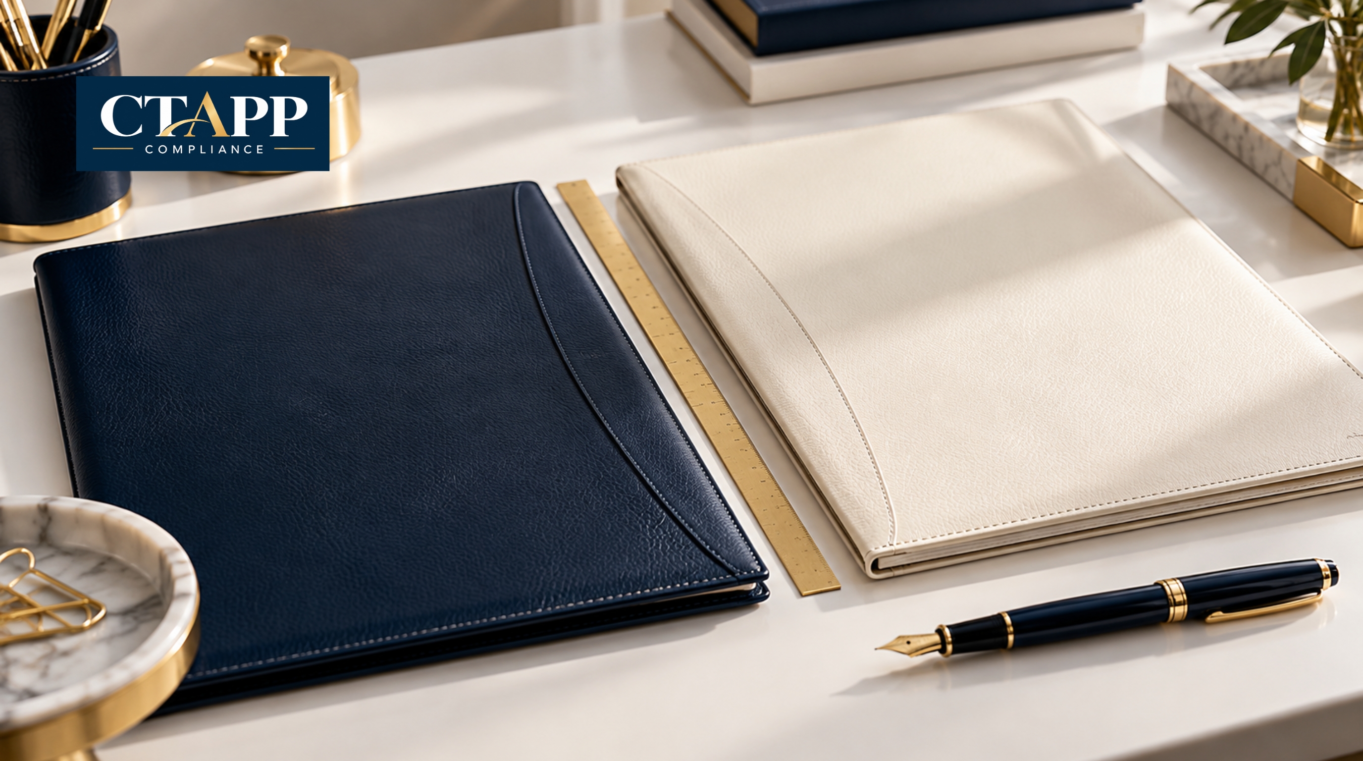 Two separate leather folders on a white desk divided by a gold ruler