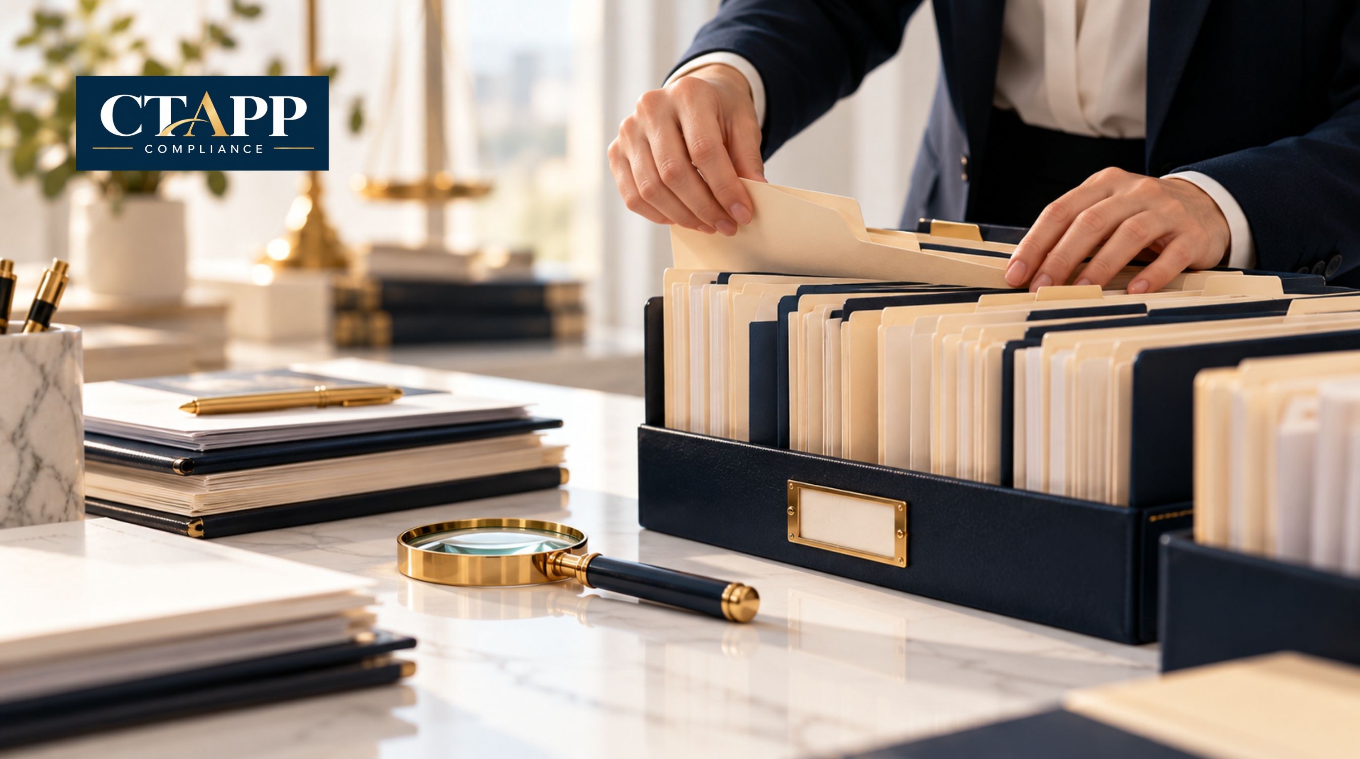 Hands reorganizing scattered client file folders into neat order