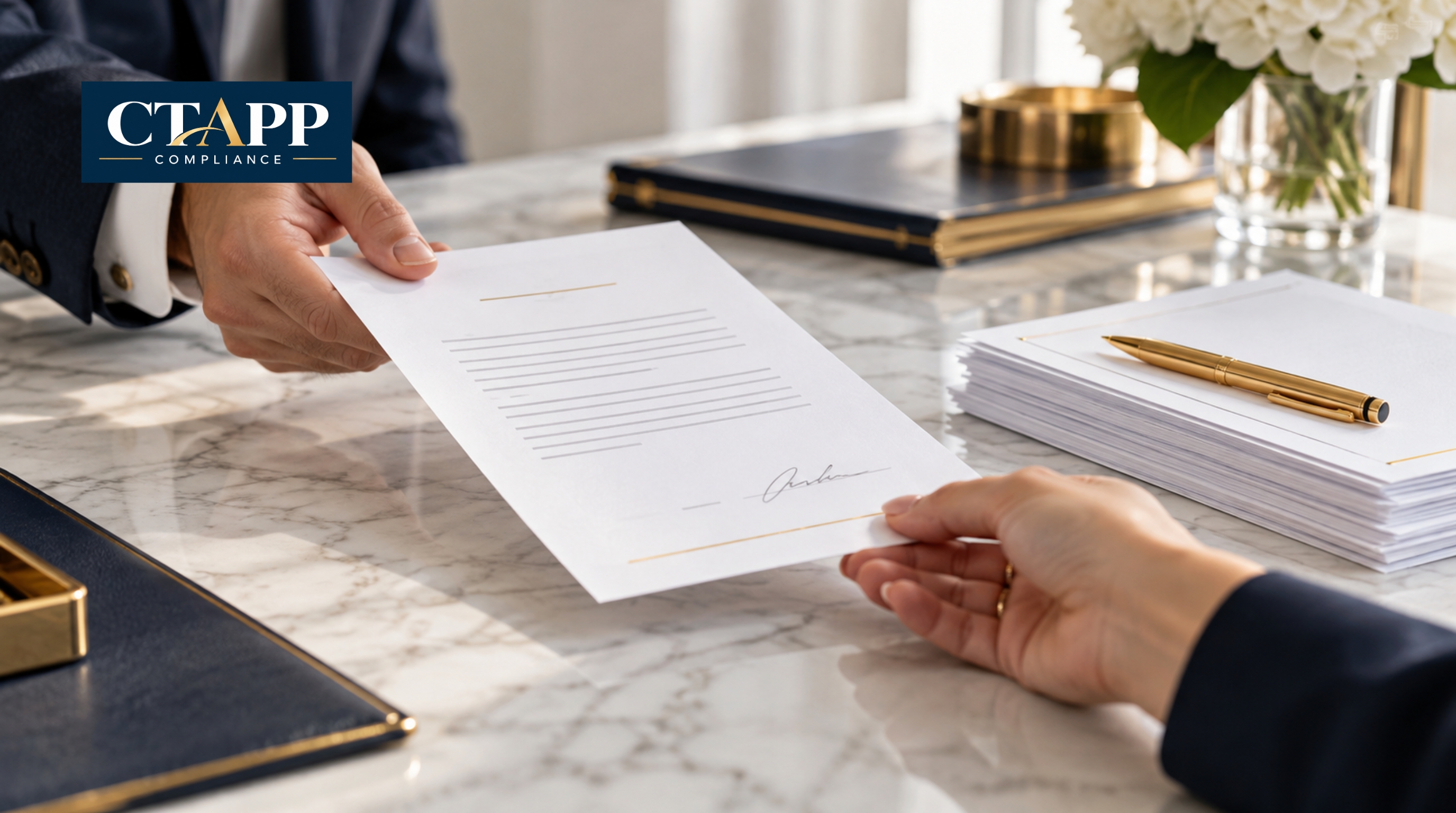 Hands passing a signed engagement letter beside a stack of invoices