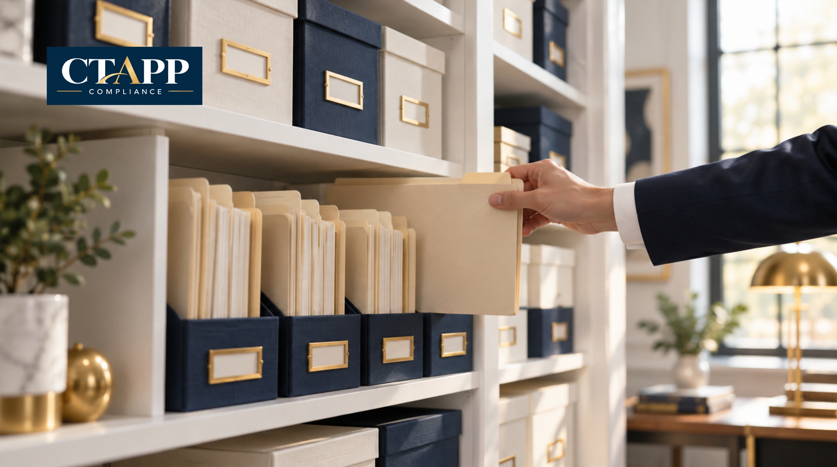 Hand placing a folder on neatly organized records shelves