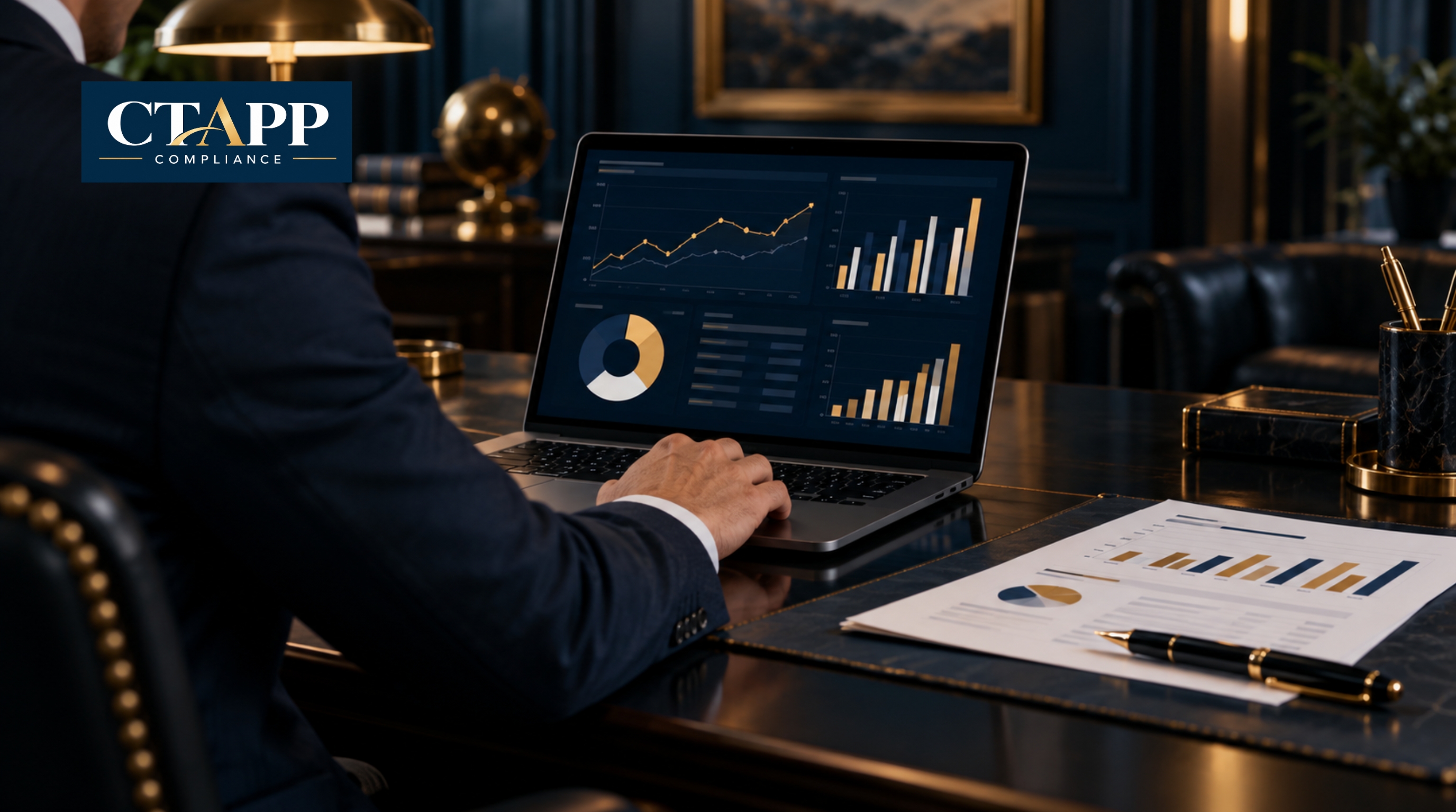 Professional reviewing accounting software on a laptop beside a report