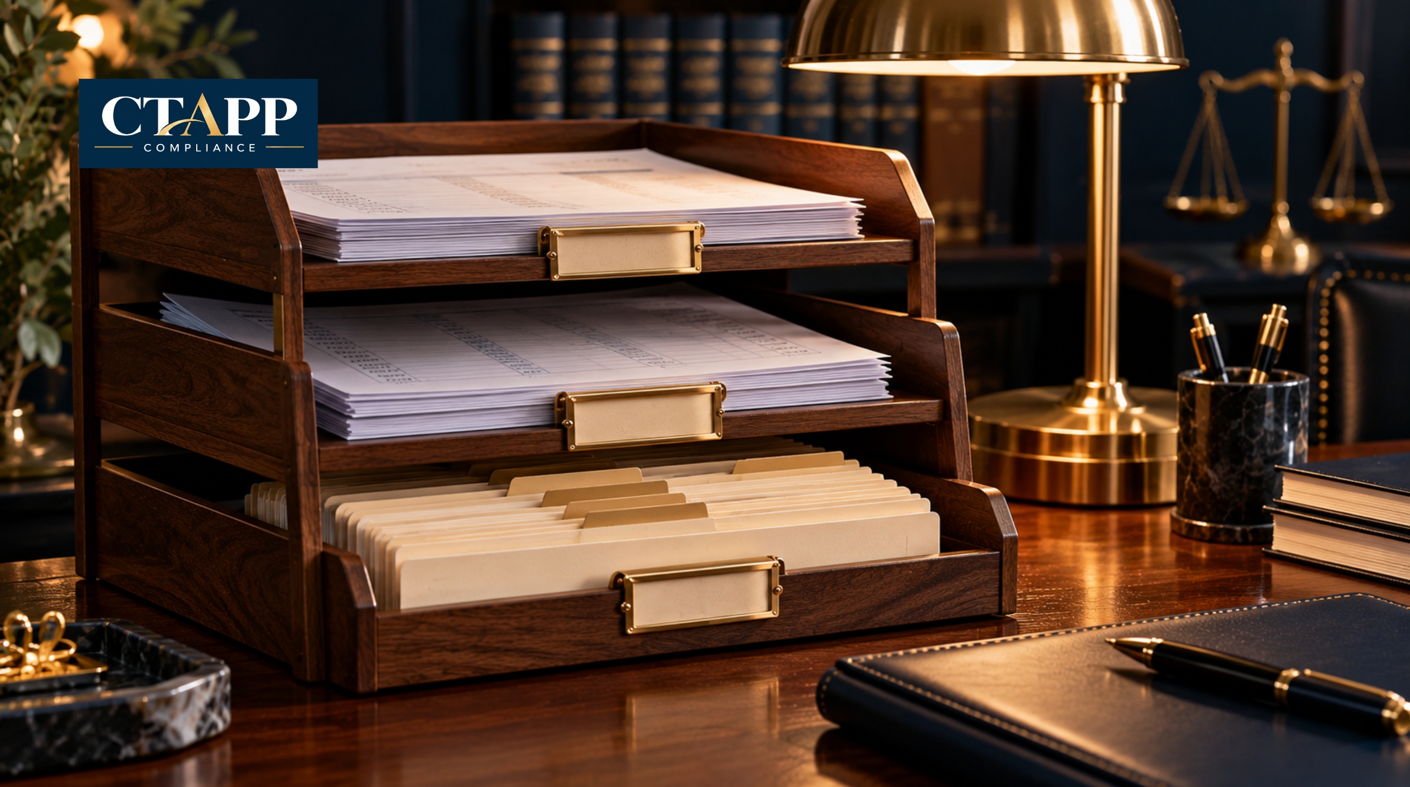 Three-tier letter tray holding bank statements, journal, and client ledger cards Three-tier letter tray holding bank statements, journal, and client ledger cards