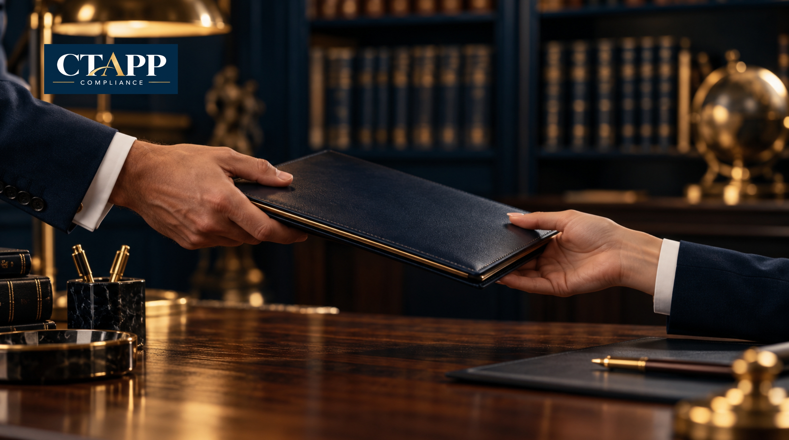 Hands passing a leather folder across a walnut desk Hands passing a leather folder across a walnut desk