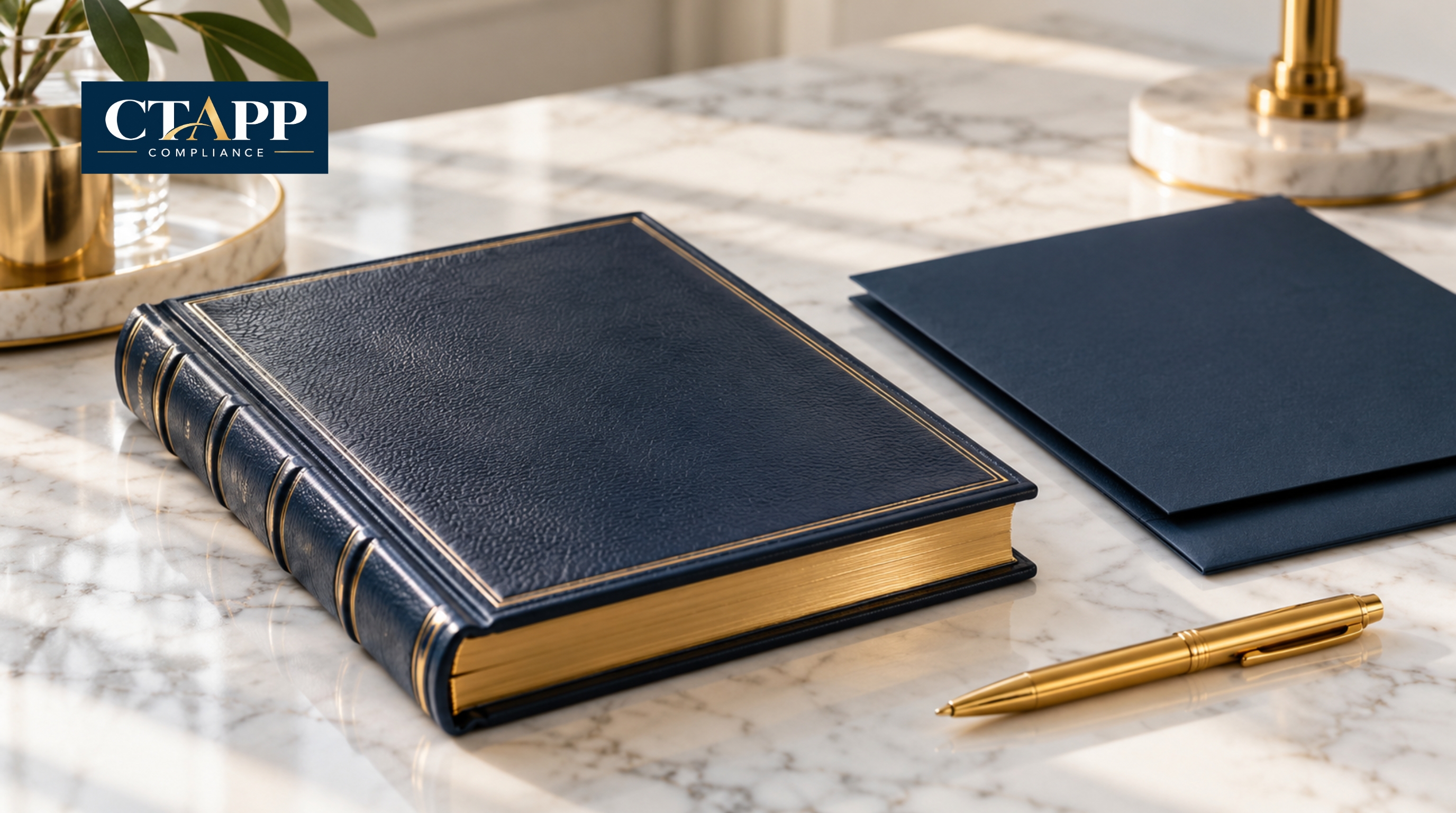 Leather trust account ledger beside a navy folder on a white desk Leather trust account ledger beside a navy folder on a white desk