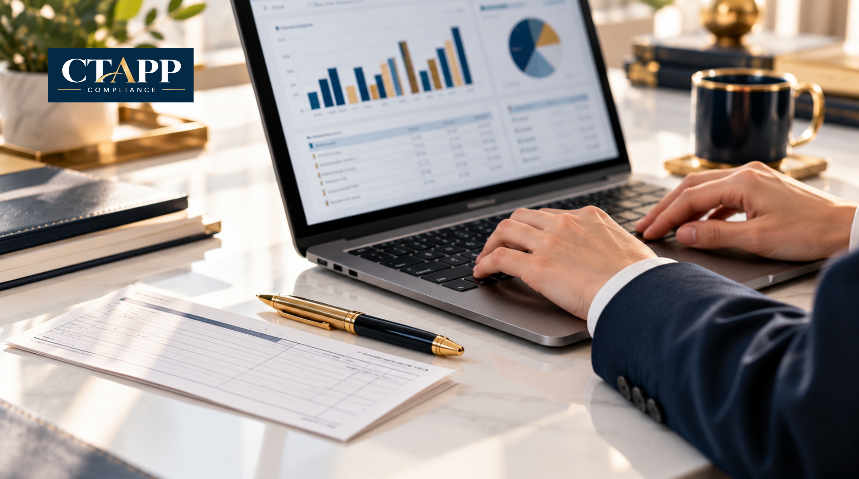 Hands recording a trust deposit on a laptop beside a deposit slip Hands recording a trust deposit on a laptop beside a deposit slip