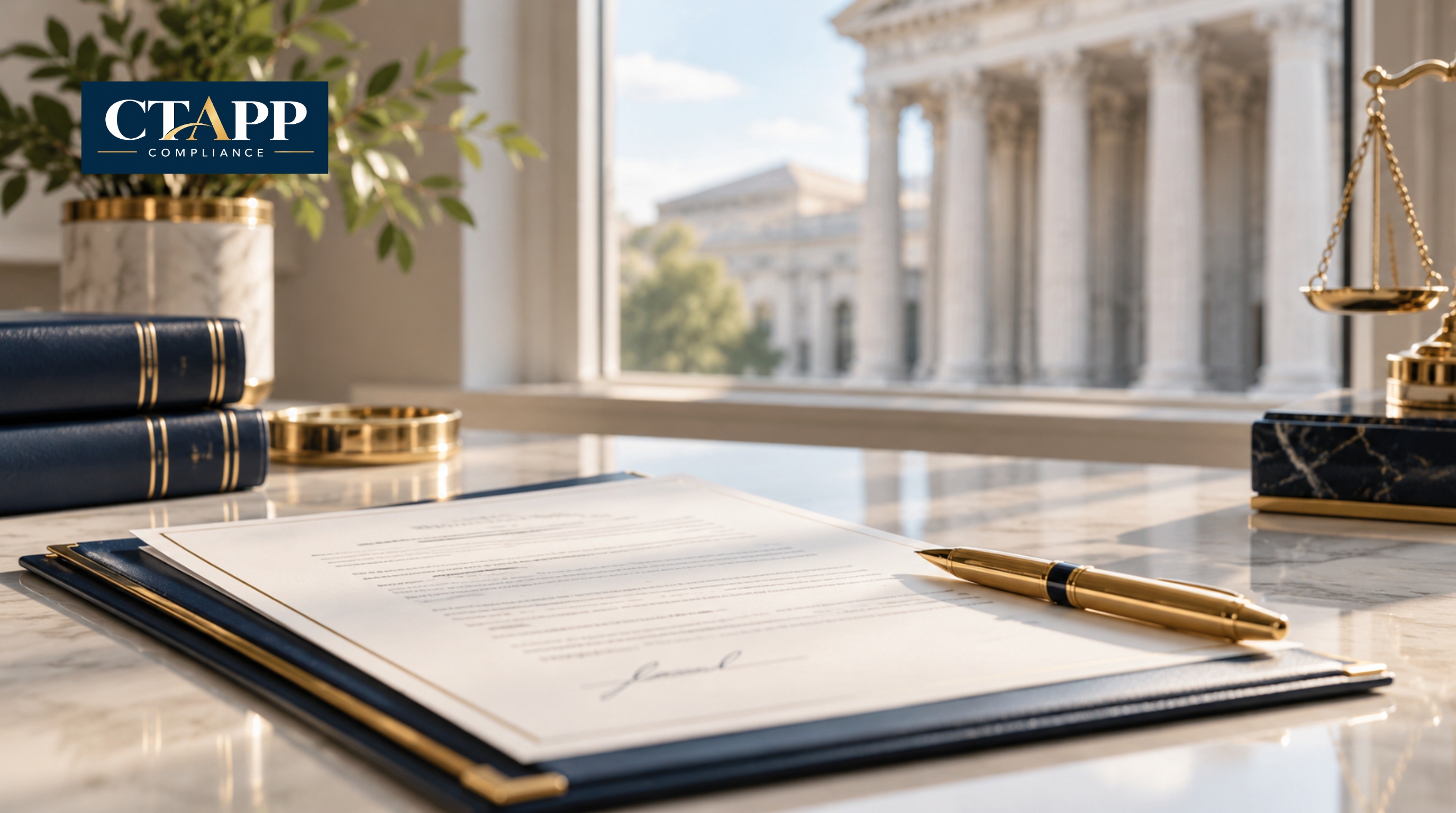 Signed report on a white desk with courthouse columns beyond the window Signed report on a white desk with courthouse columns beyond the window