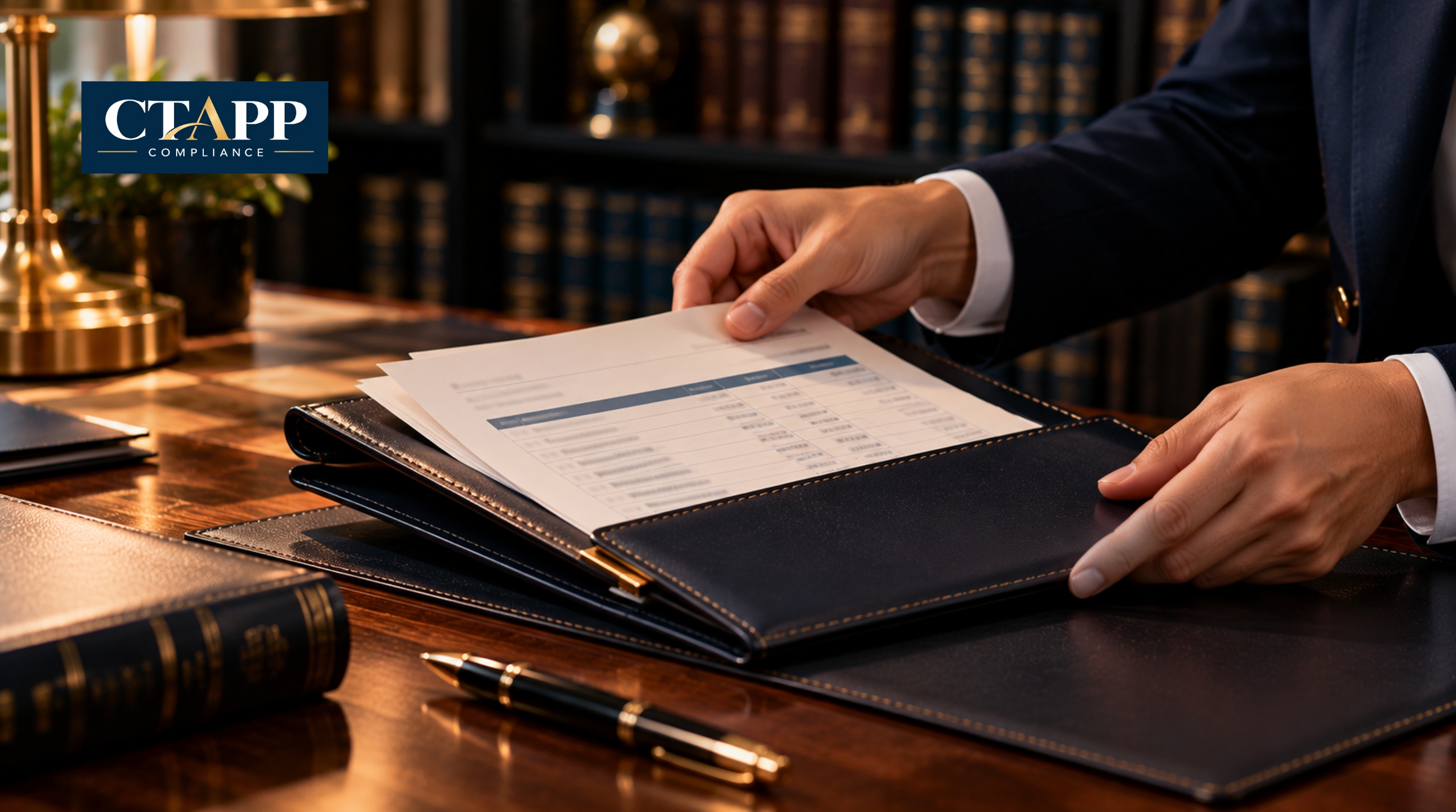 Hands filing a signed reconciliation report into a leather portfolio Hands filing a signed reconciliation report into a leather portfolio