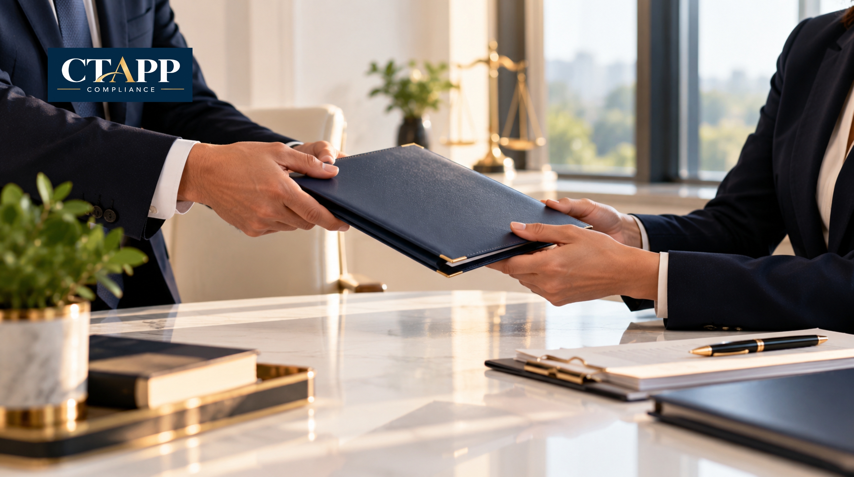 Professional handing a navy folder across a bright conference table Professional handing a navy folder across a bright conference table