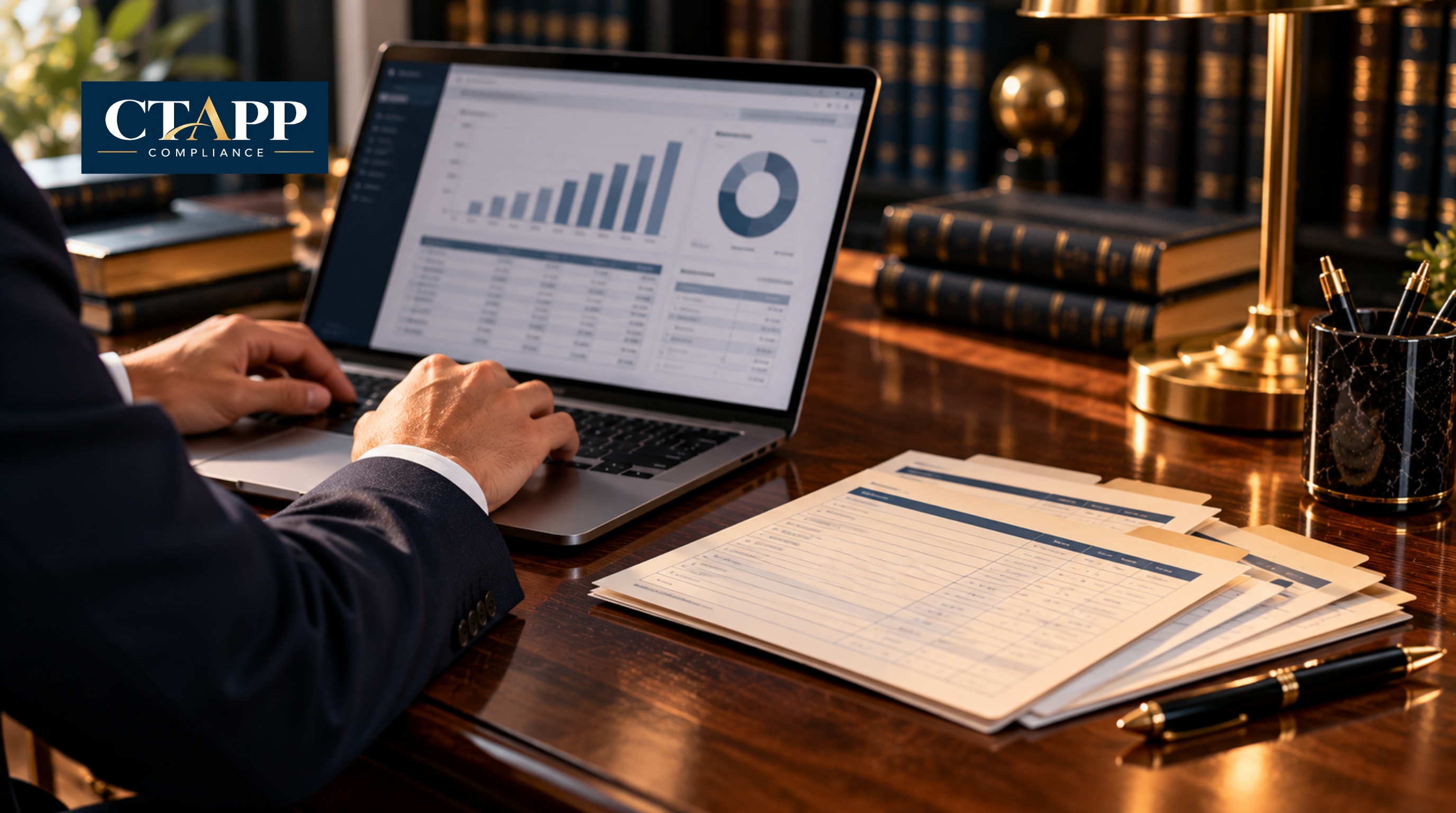 Laptop with accounting charts beside printed client ledger cards Laptop with accounting charts beside printed client ledger cards