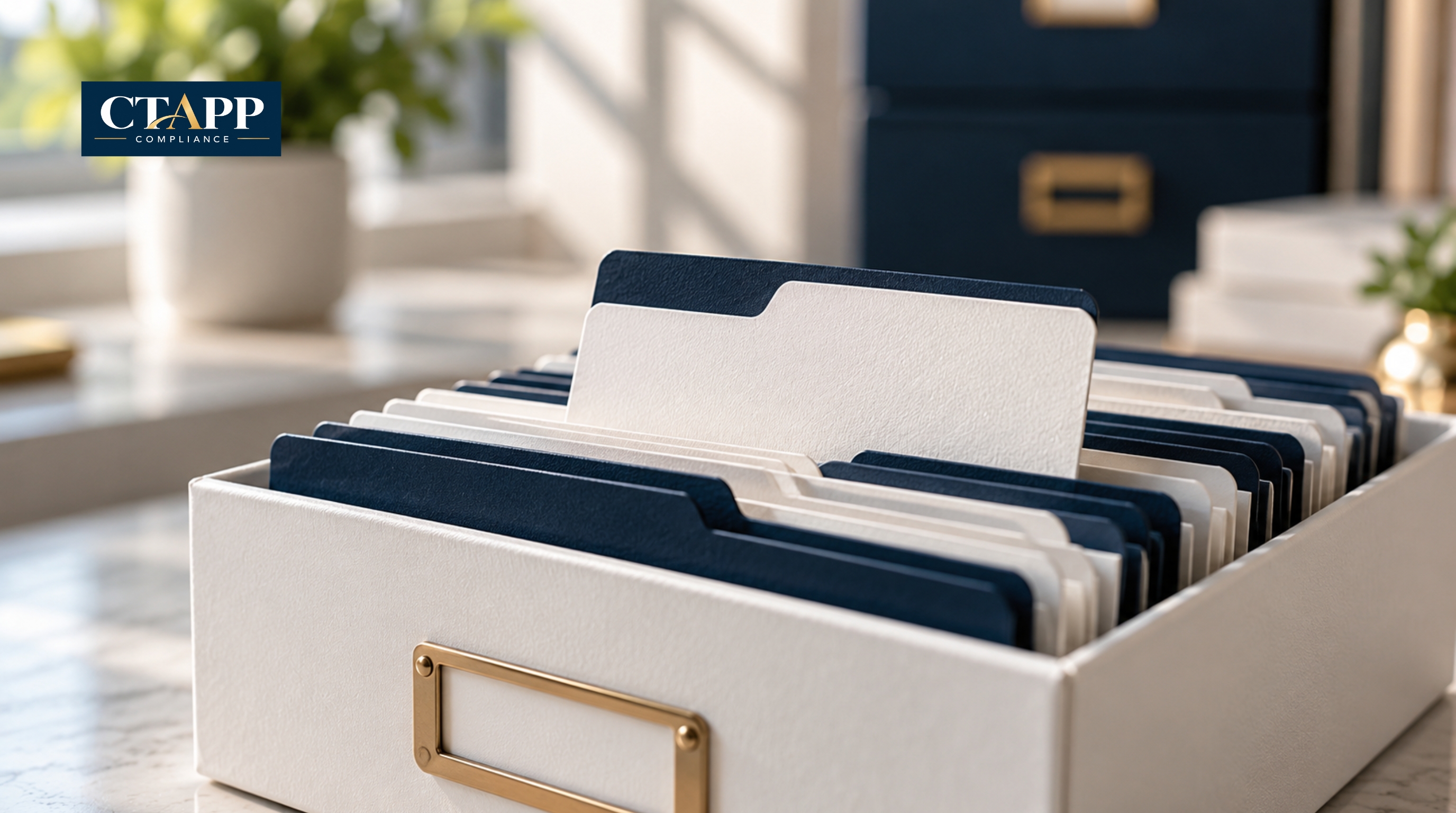 Macro close-up of a white card file with navy and white tabbed cards Macro close-up of a white card file with navy and white tabbed cards