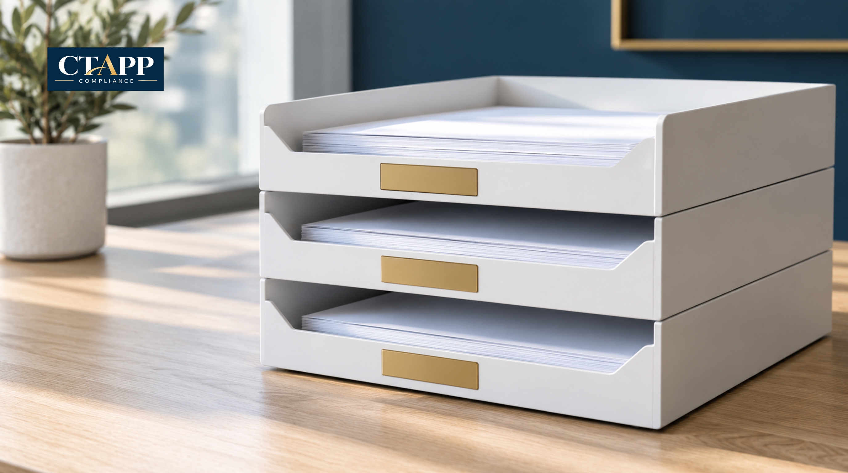 Three aligned white document trays with blank gold nameplates Three aligned white document trays with blank gold nameplates