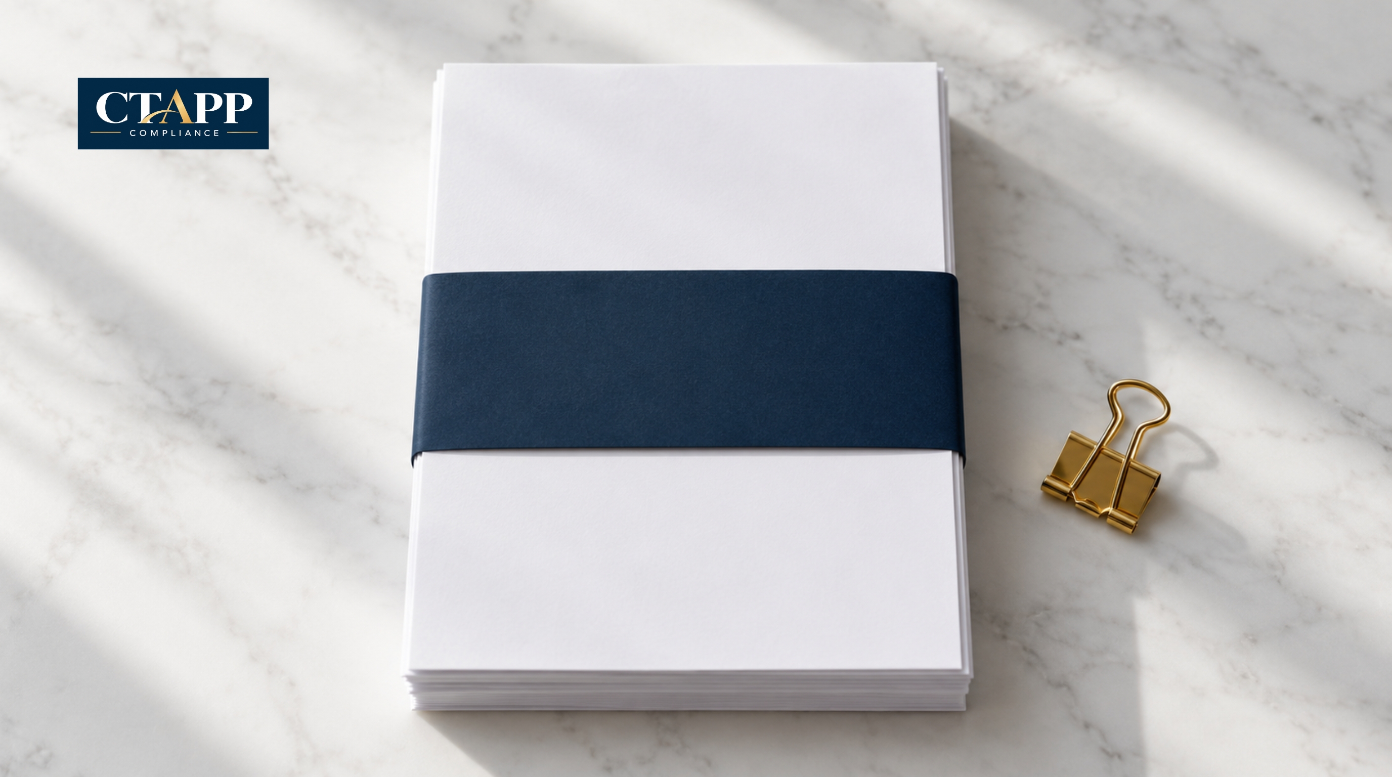 Overhead view of blank forms wrapped in a navy paper band Overhead view of blank forms wrapped in a navy paper band