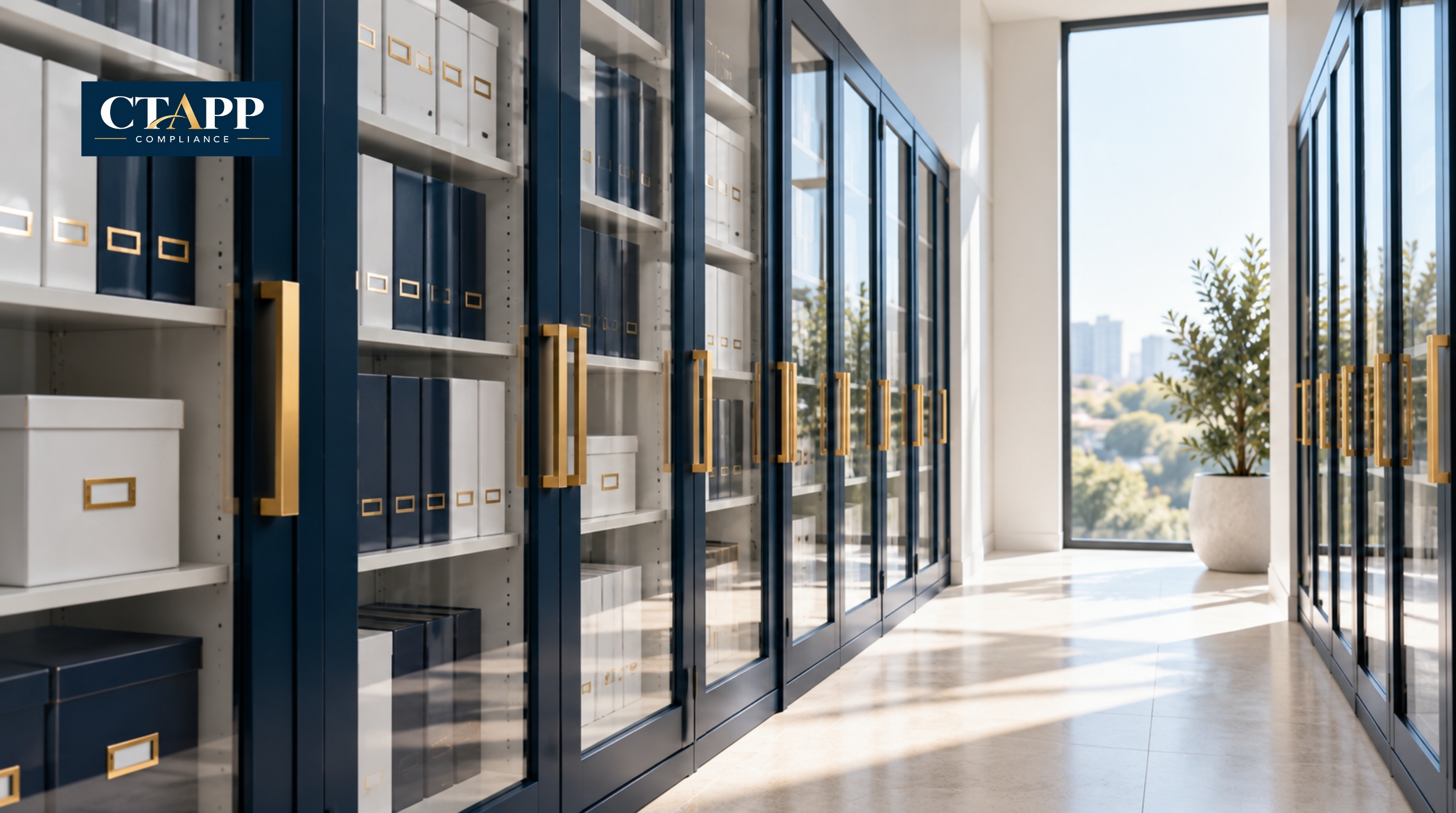 Glass-front navy records lockers in a bright office corridor Glass-front navy records lockers in a bright office corridor