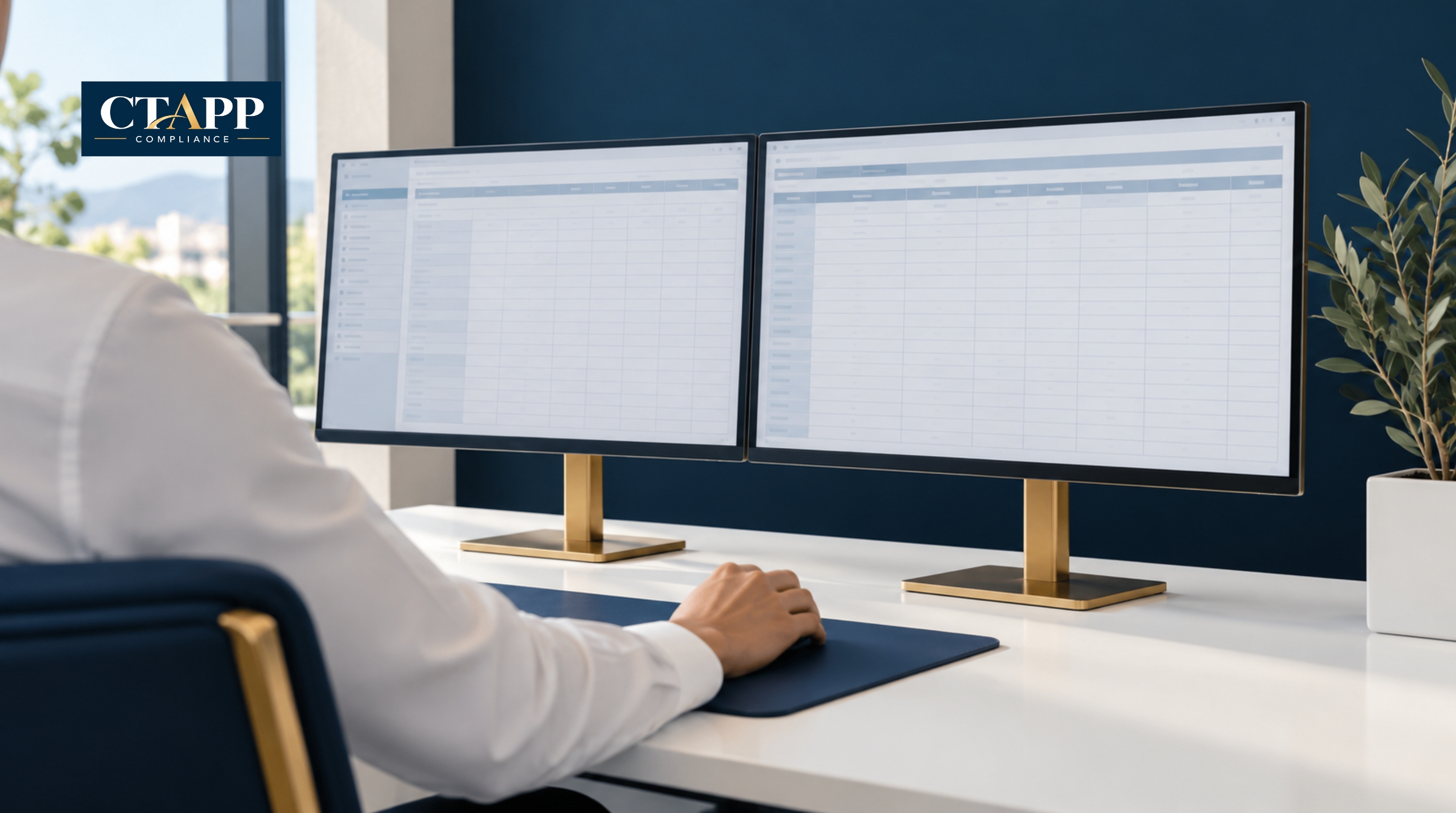 Over-the-shoulder view of a professional setting up ledger grids on dual monitors Over-the-shoulder view of a professional setting up ledger grids on dual monitors