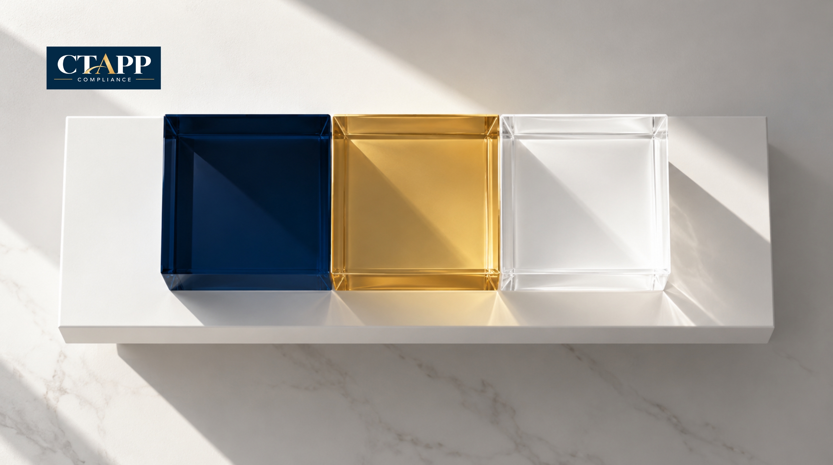 Three equal-height acrylic blocks aligned on a white shelf Three equal-height acrylic blocks aligned on a white shelf