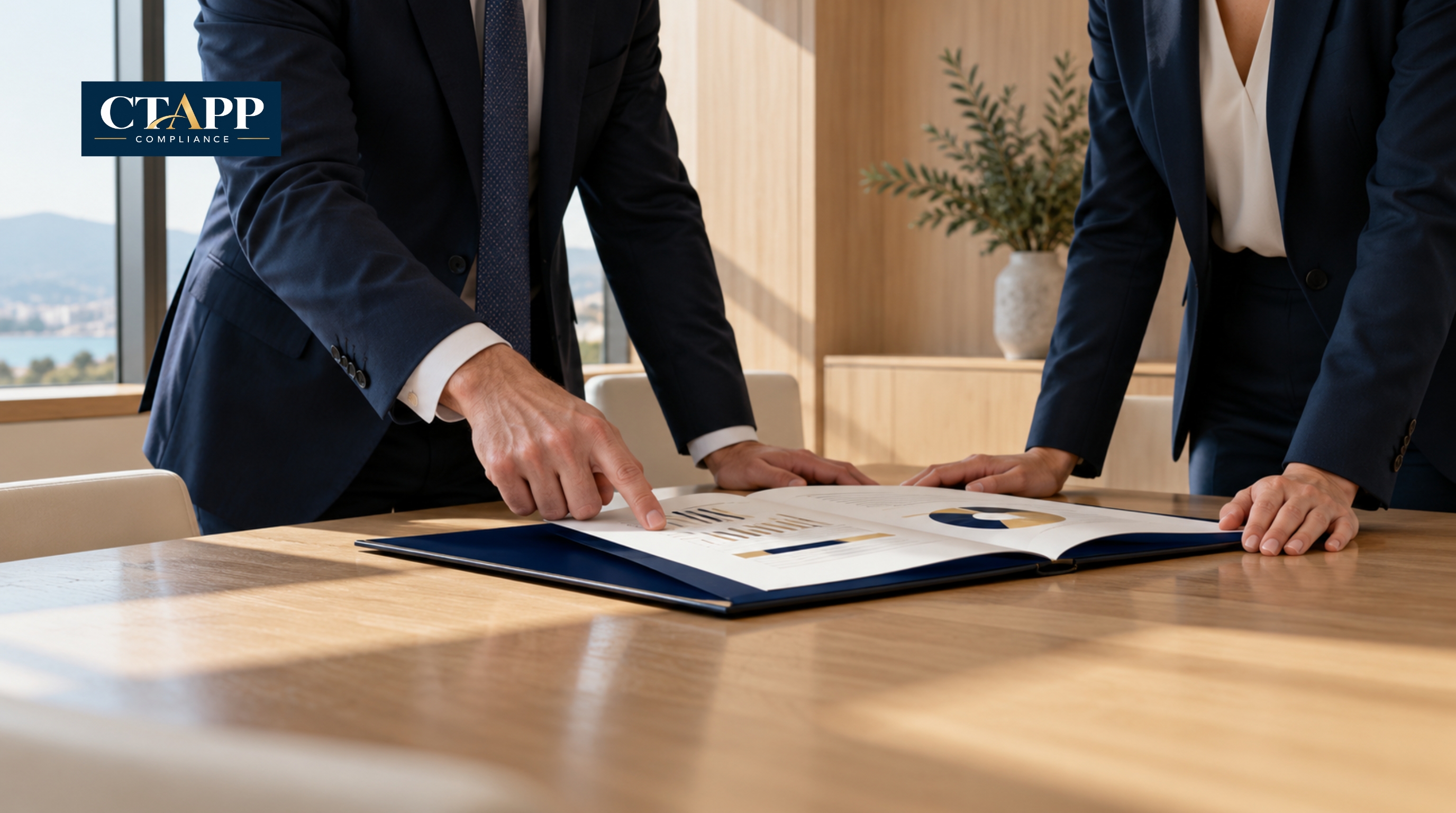 Two cropped professionals sharing one review file in a conference room Two cropped professionals sharing one review file in a conference room