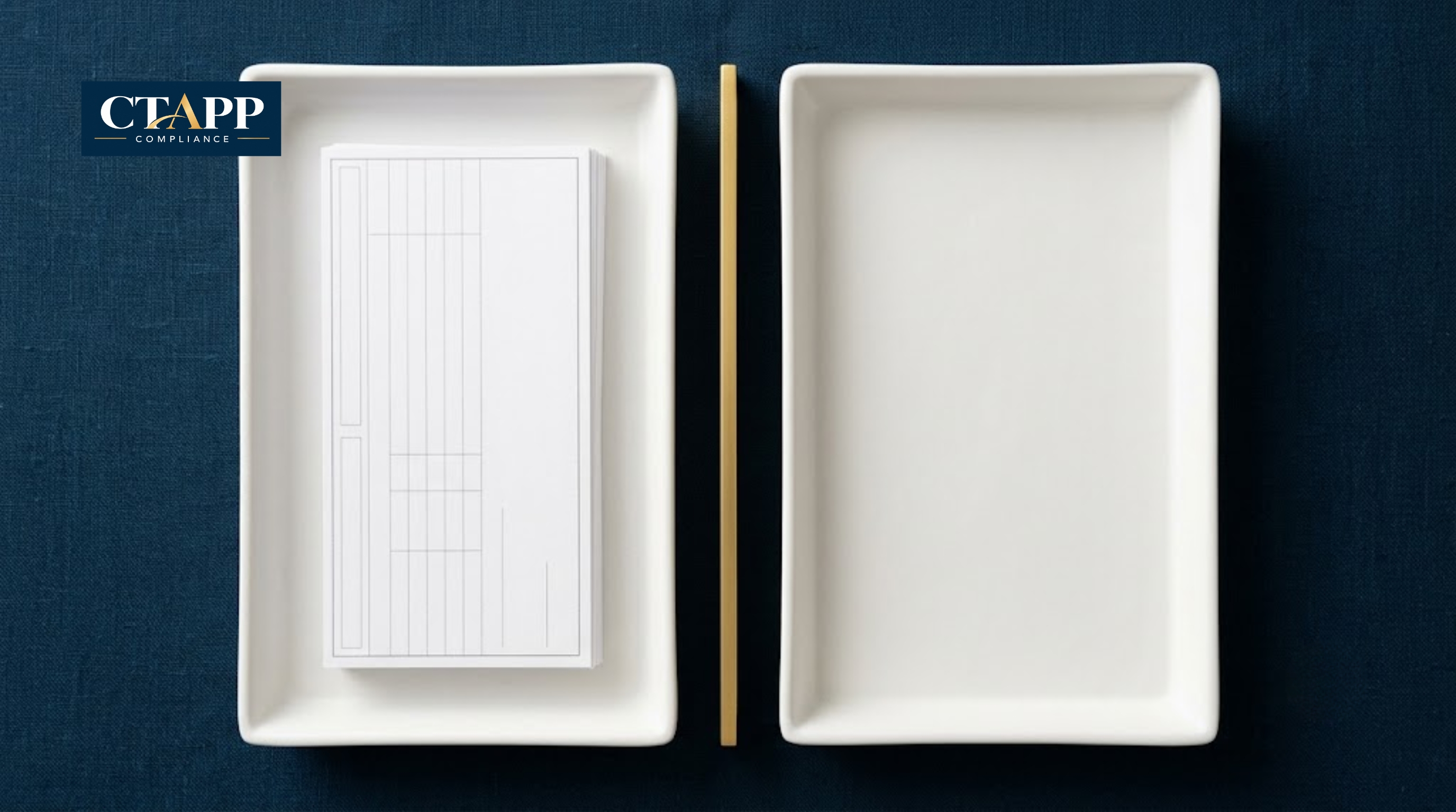 Two white trays separated by a gold divider bar on navy linen Two white trays separated by a gold divider bar on navy linen