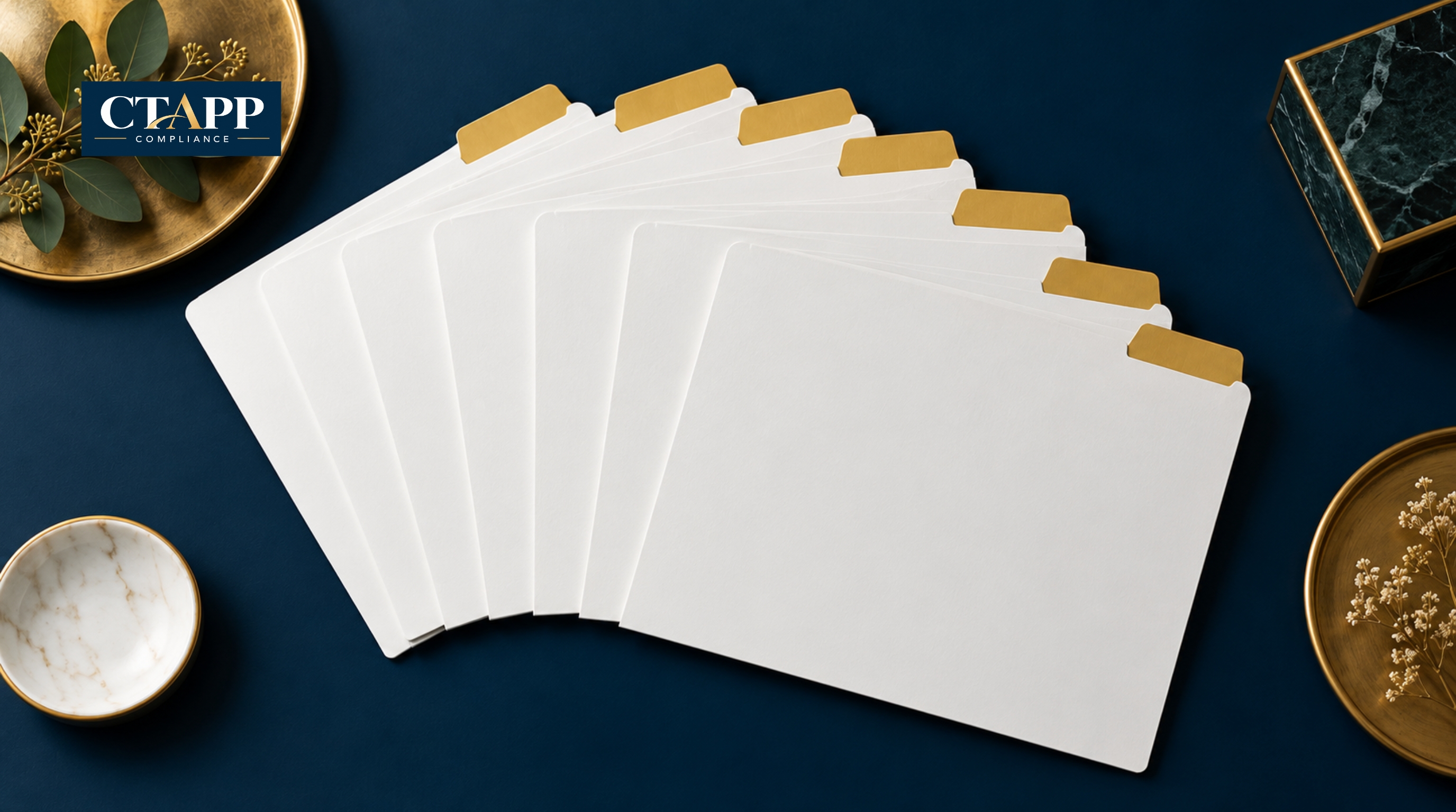 White file folders fanned in an arc on a navy surface White file folders fanned in an arc on a navy surface