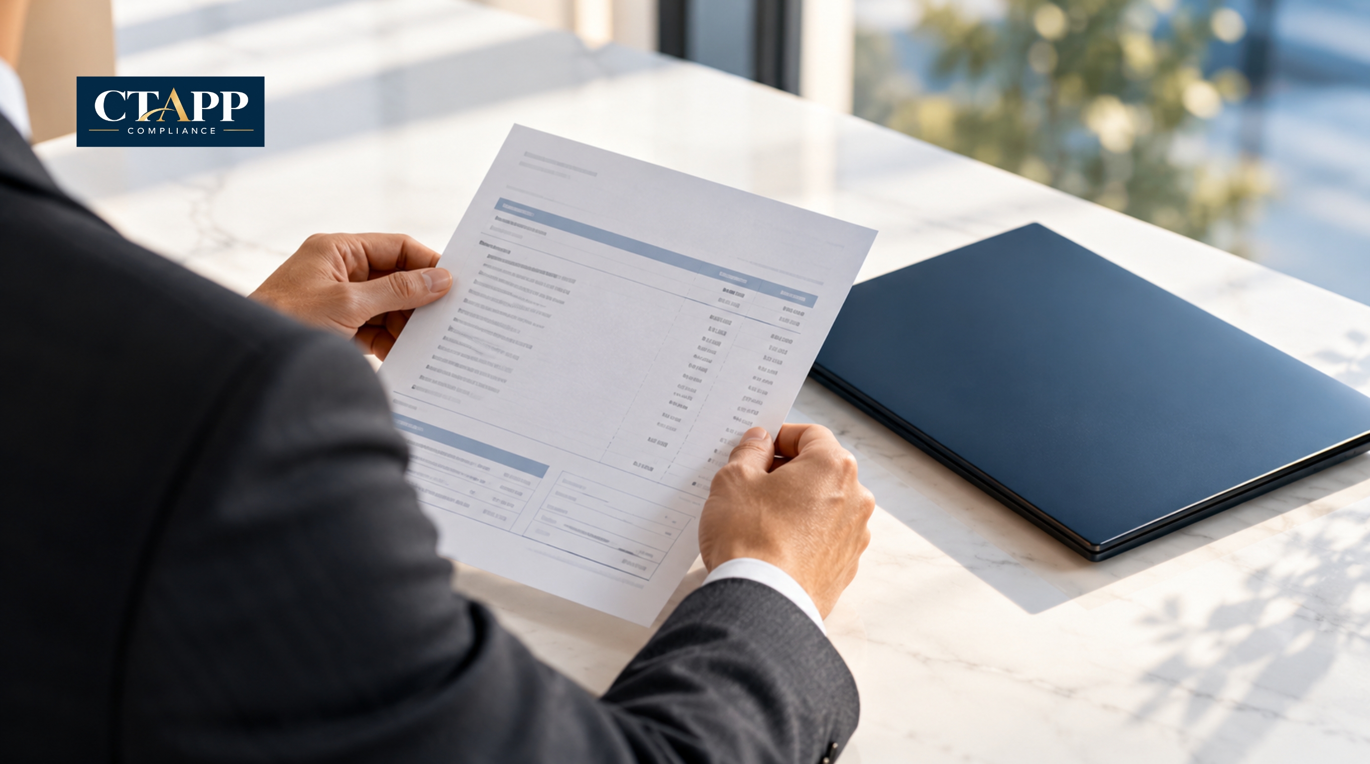 Professional reviewing a bank deposit receipt at a white desk Professional reviewing a bank deposit receipt at a white desk
