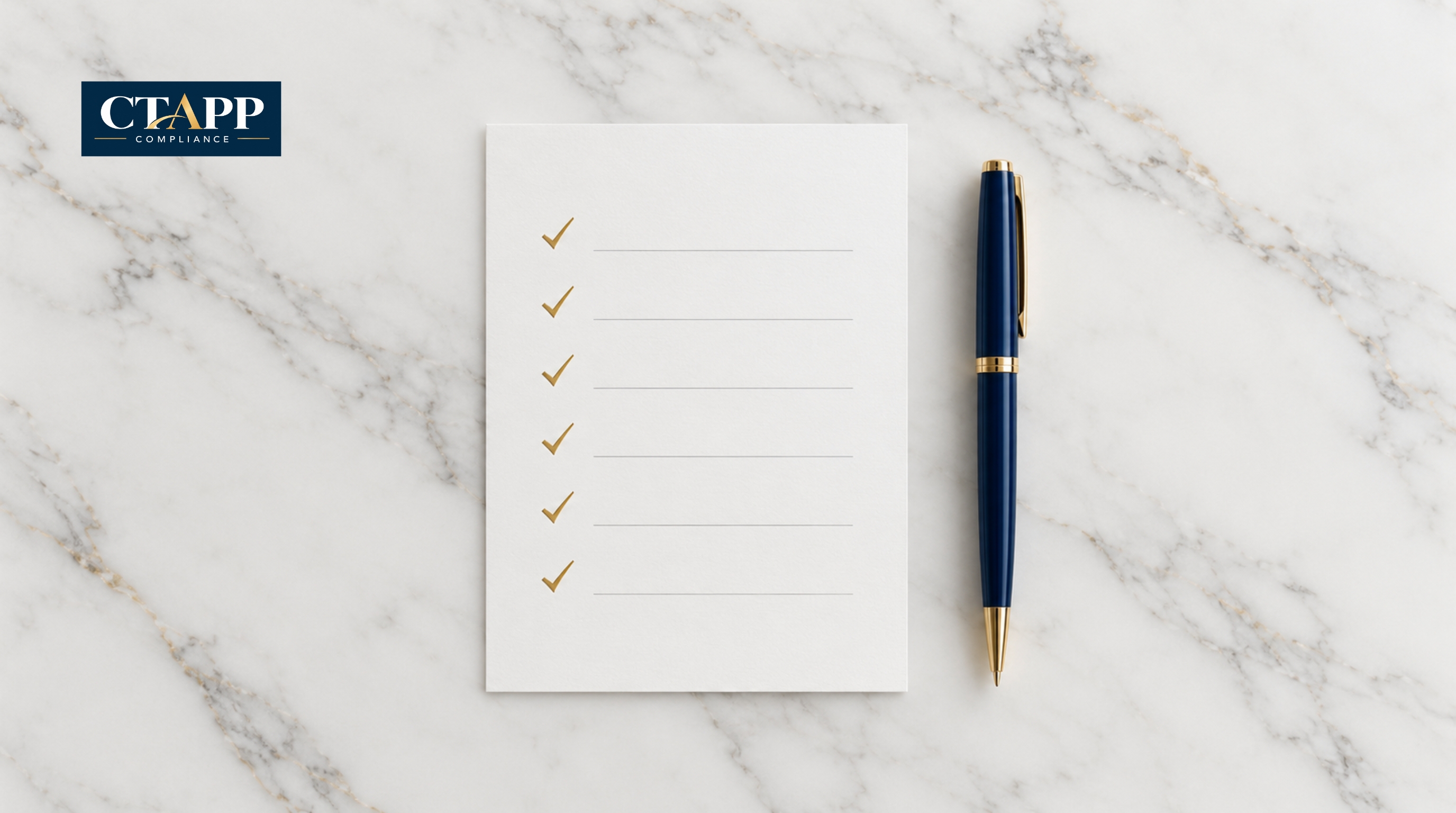 White checklist card with gold check marks beside a navy pen White checklist card with gold check marks beside a navy pen