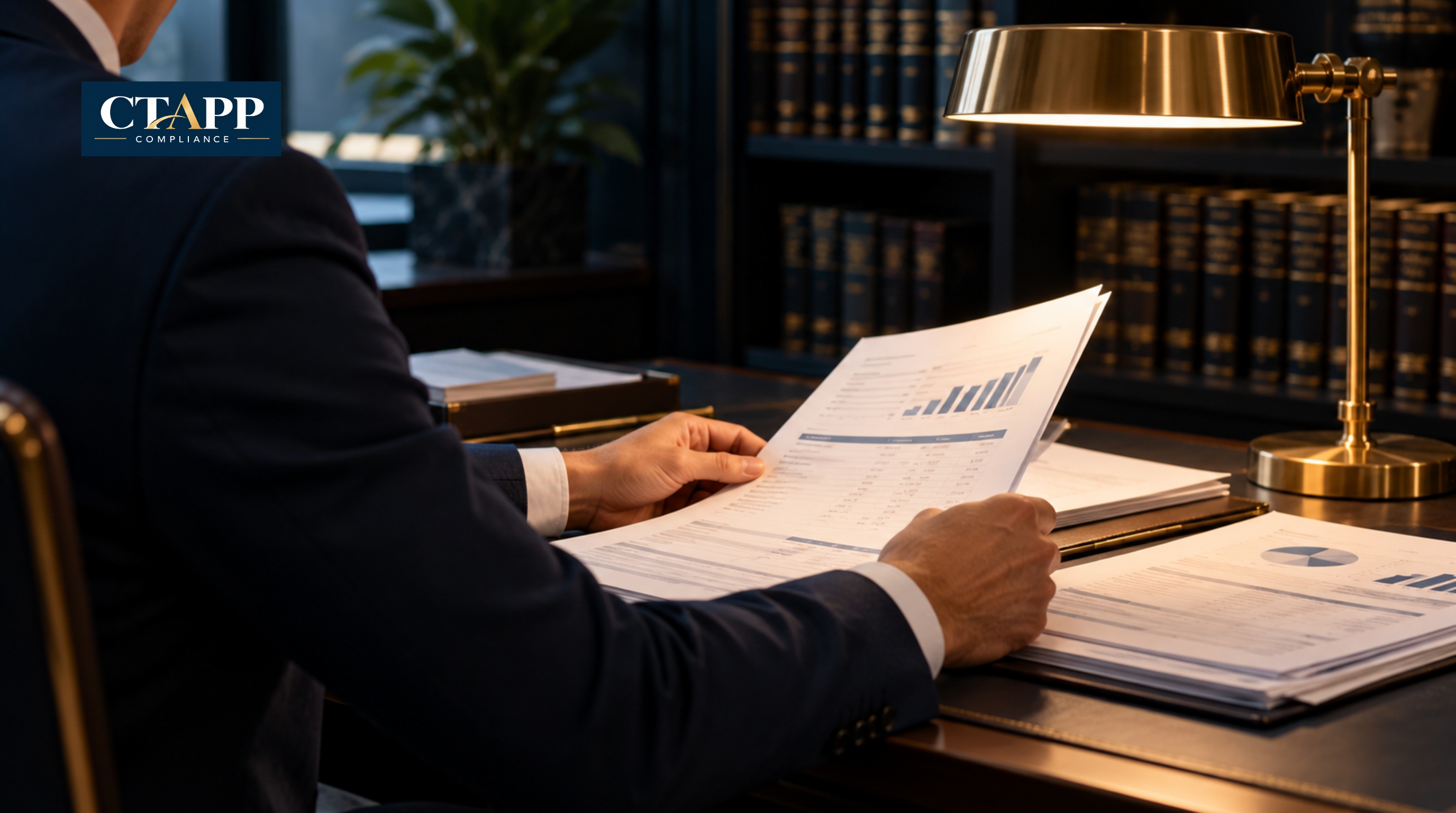 Professional reviewing reports under a brass desk lamp Professional reviewing reports under a brass desk lamp