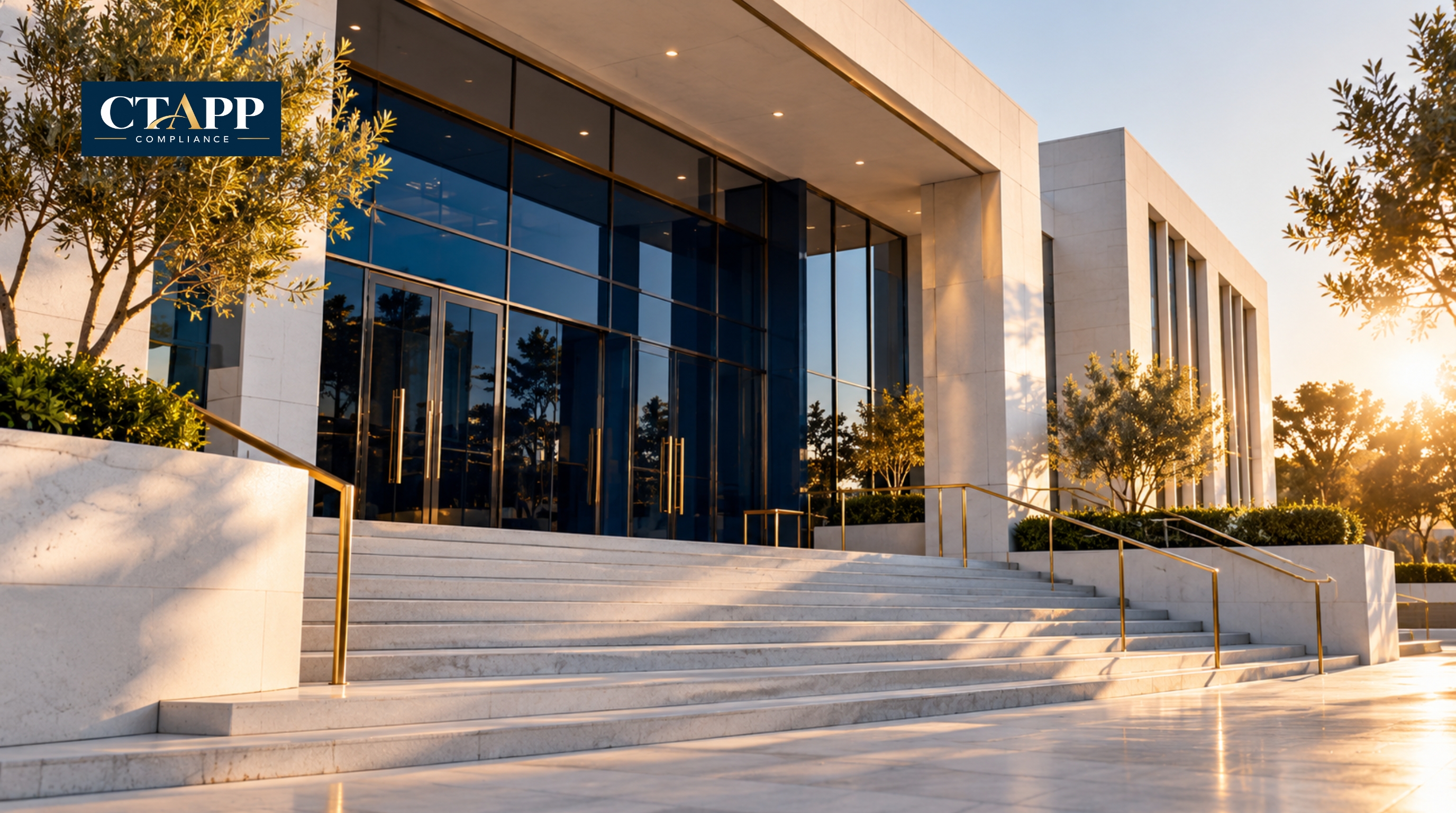 Modern civic building entrance with navy glass doors at golden hour Modern civic building entrance with navy glass doors at golden hour