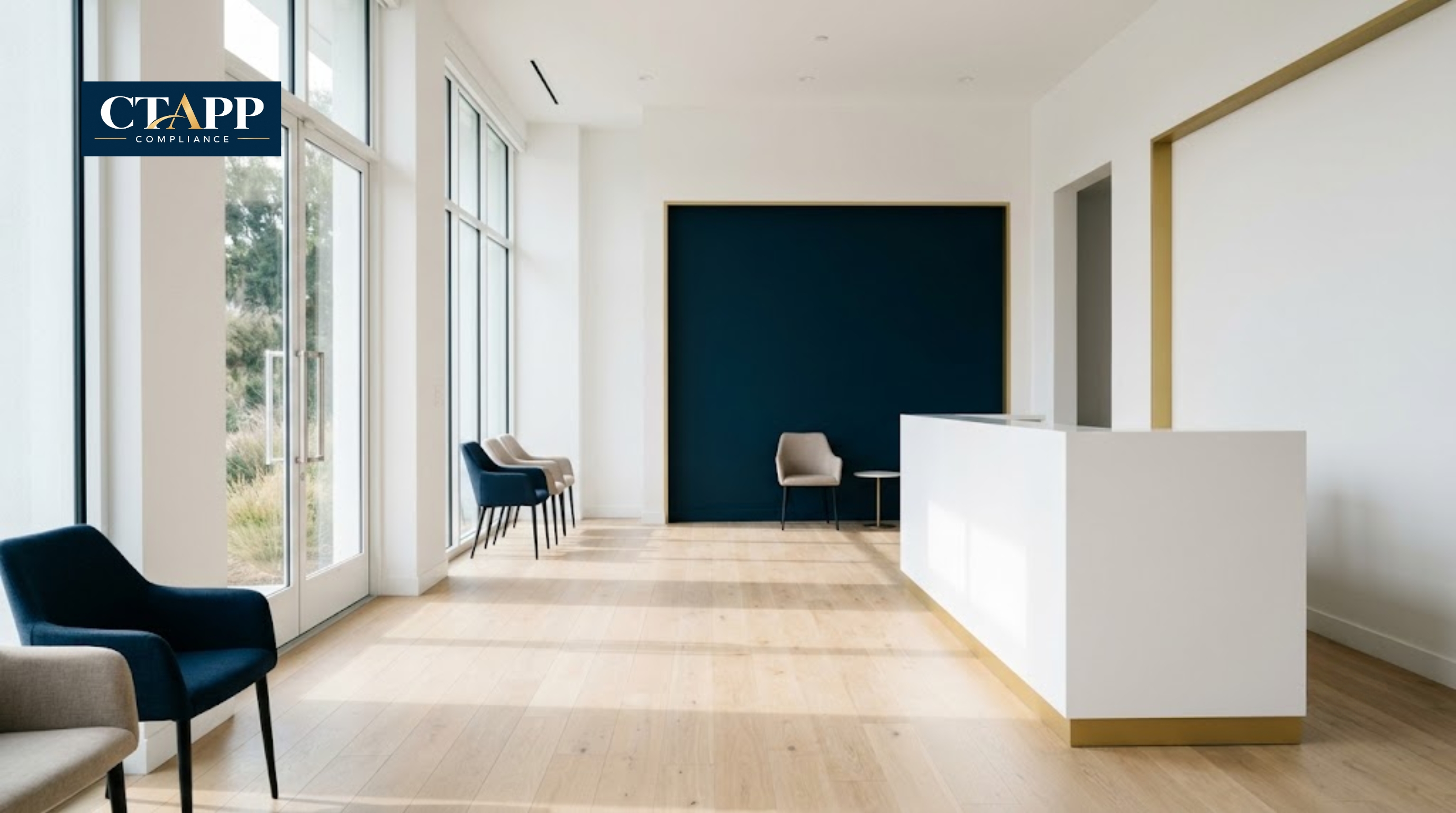 Bright modern law office reception with a navy accent wall Bright modern law office reception with a navy accent wall