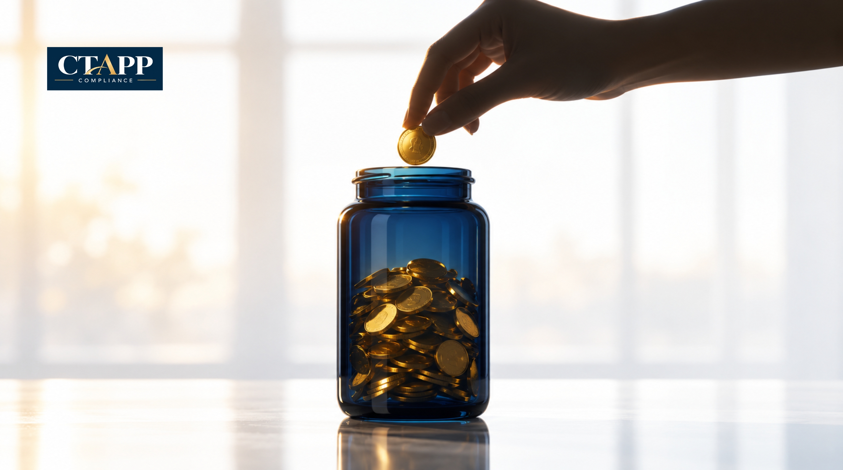 Hand placing a gold coin into a navy glass jar, backlit Hand placing a gold coin into a navy glass jar, backlit