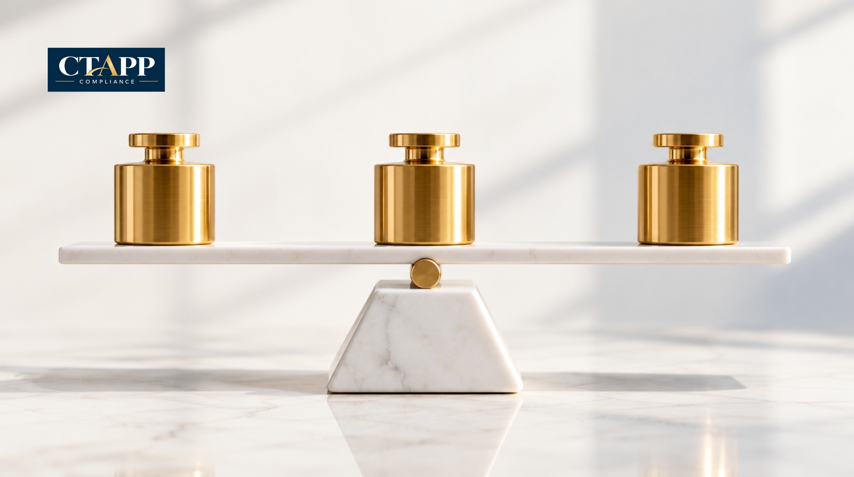 Three gold weights balanced on a minimalist white scale Three gold weights balanced on a minimalist white scale