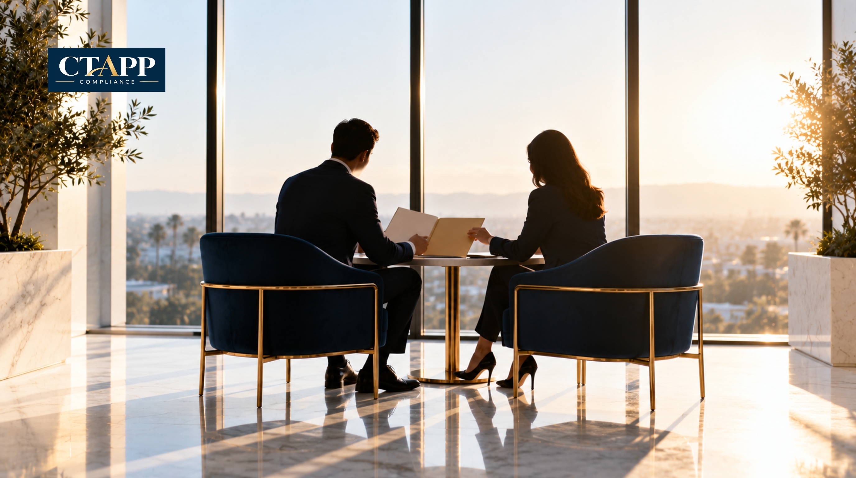Silhouettes of two professionals reviewing a folder by a bright window Silhouettes of two professionals reviewing a folder by a bright window
