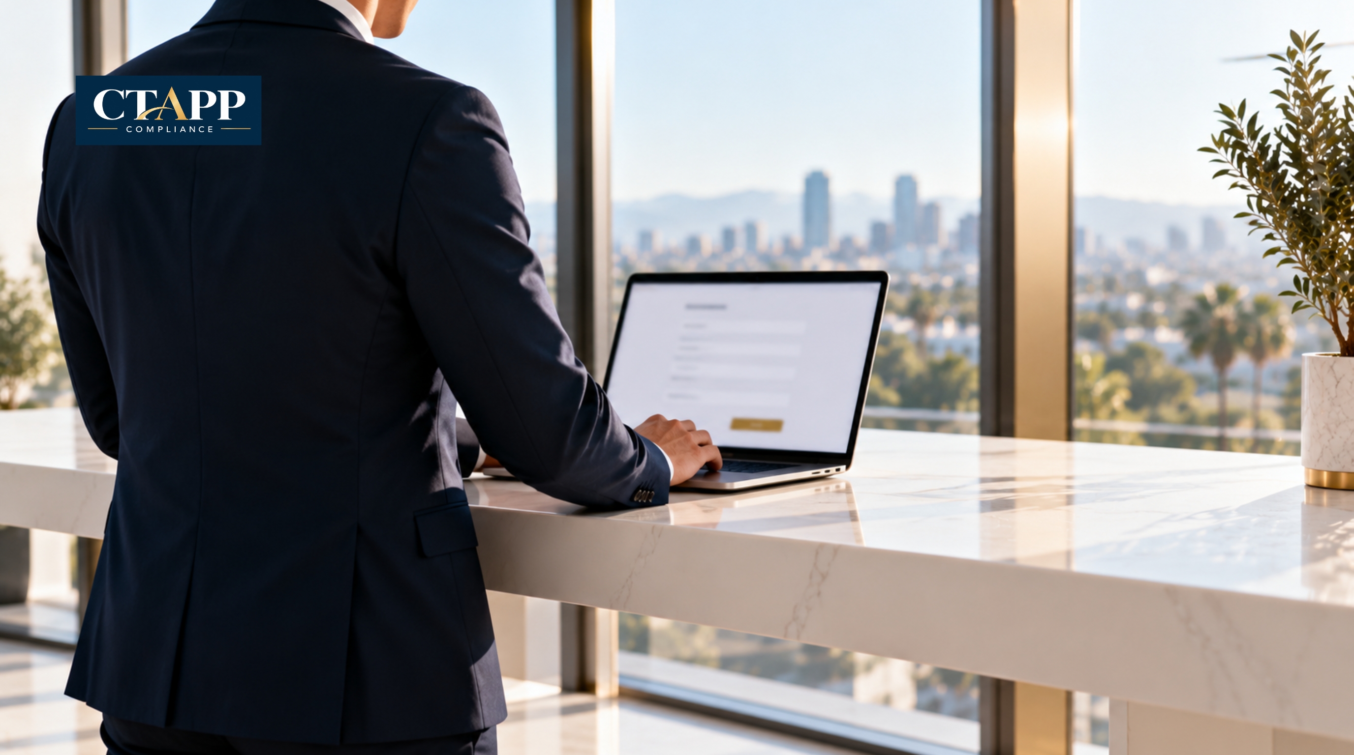 Professional completing an online form on a laptop in a bright office Professional completing an online form on a laptop in a bright office