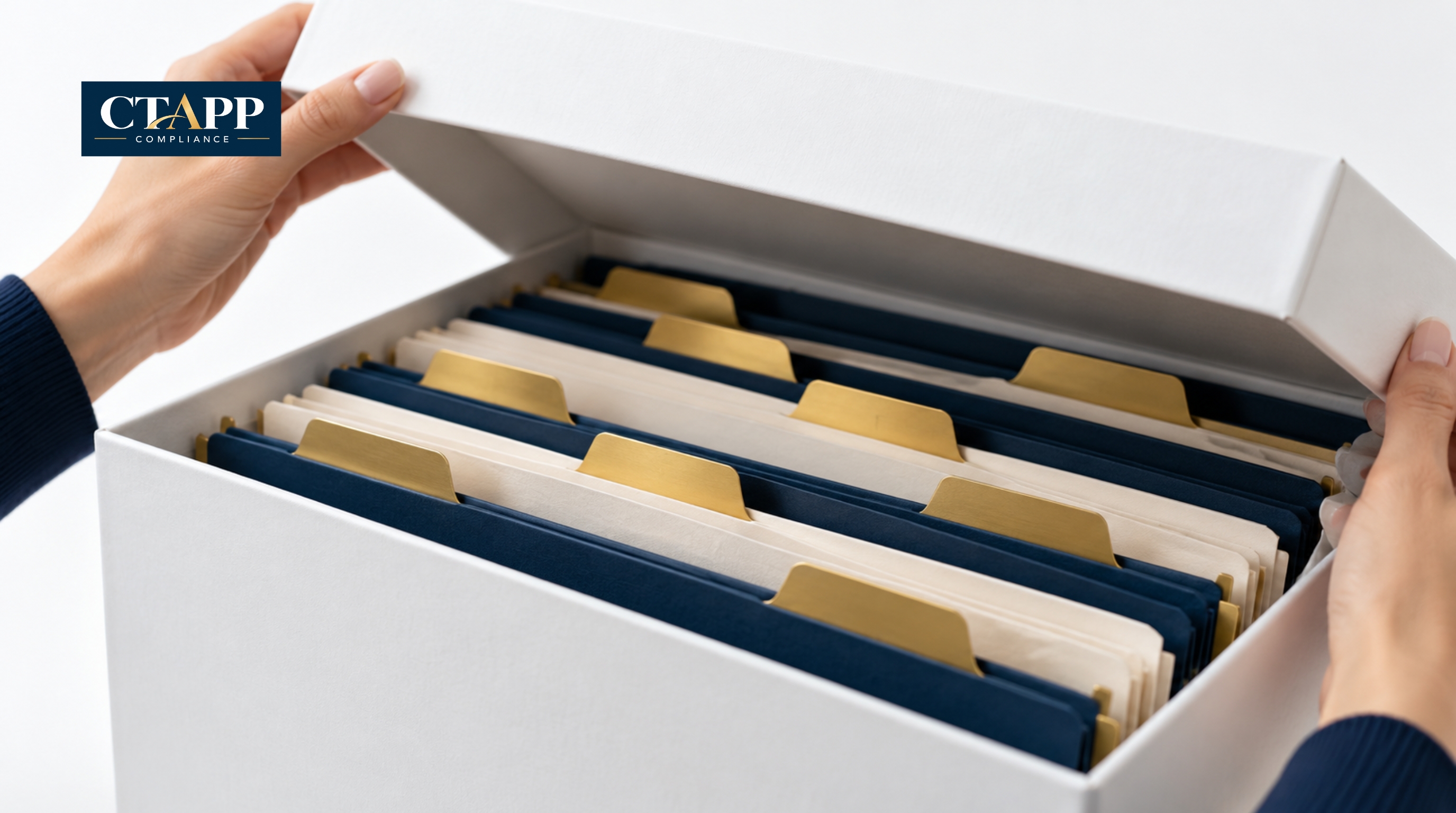 Hands lifting the lid of an archival records box with tabbed folders Hands lifting the lid of an archival records box with tabbed folders