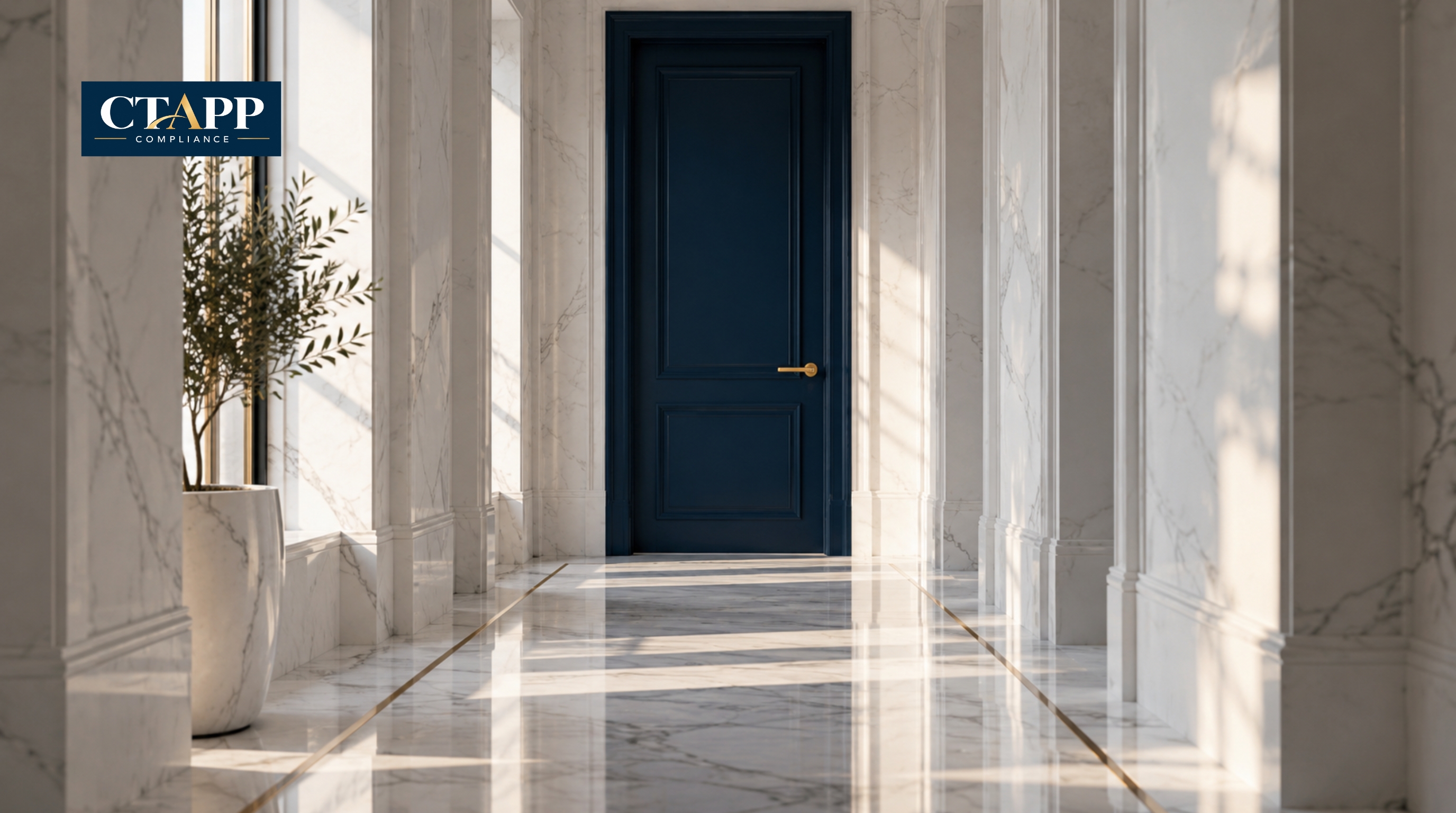 Closed navy door at the end of a white marble corridor Closed navy door at the end of a white marble corridor
