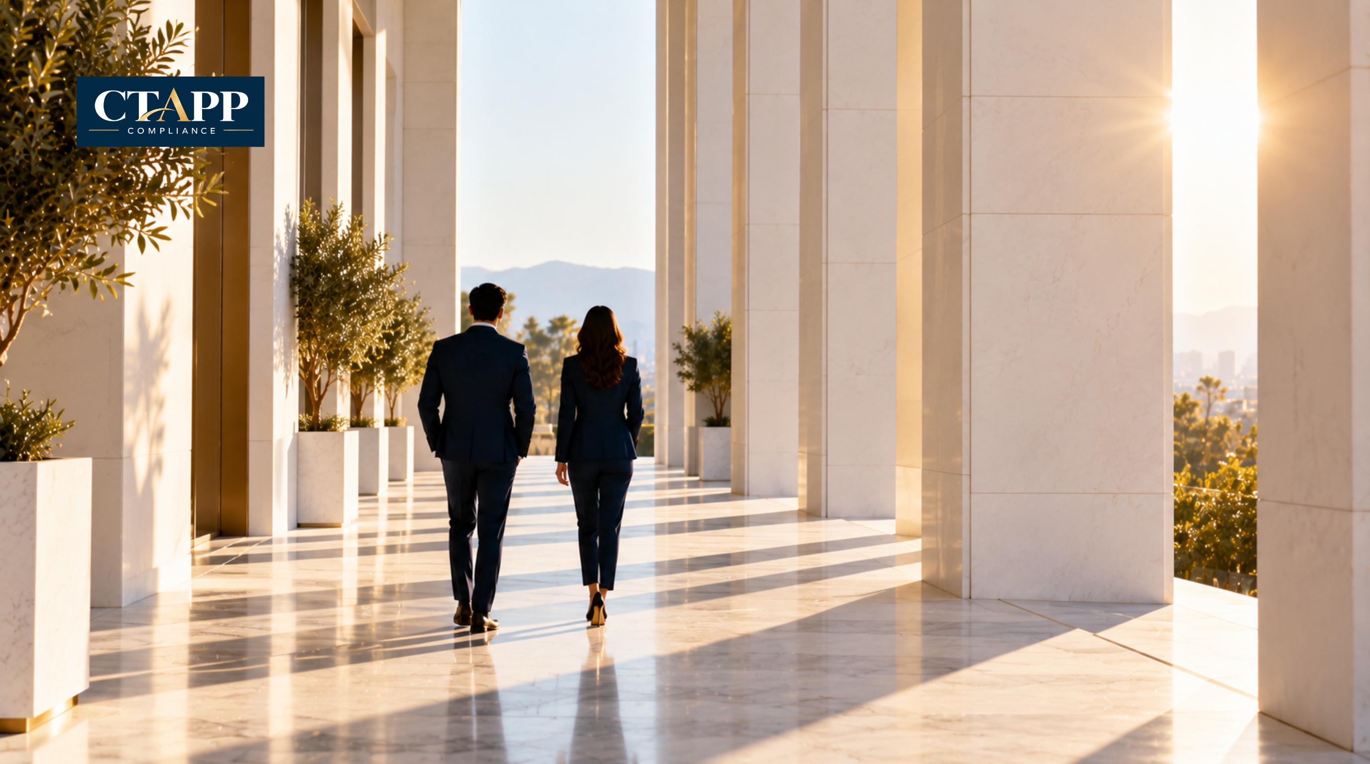 Two professionals walking down a sunlit colonnade, seen from behind Two professionals walking down a sunlit colonnade, seen from behind