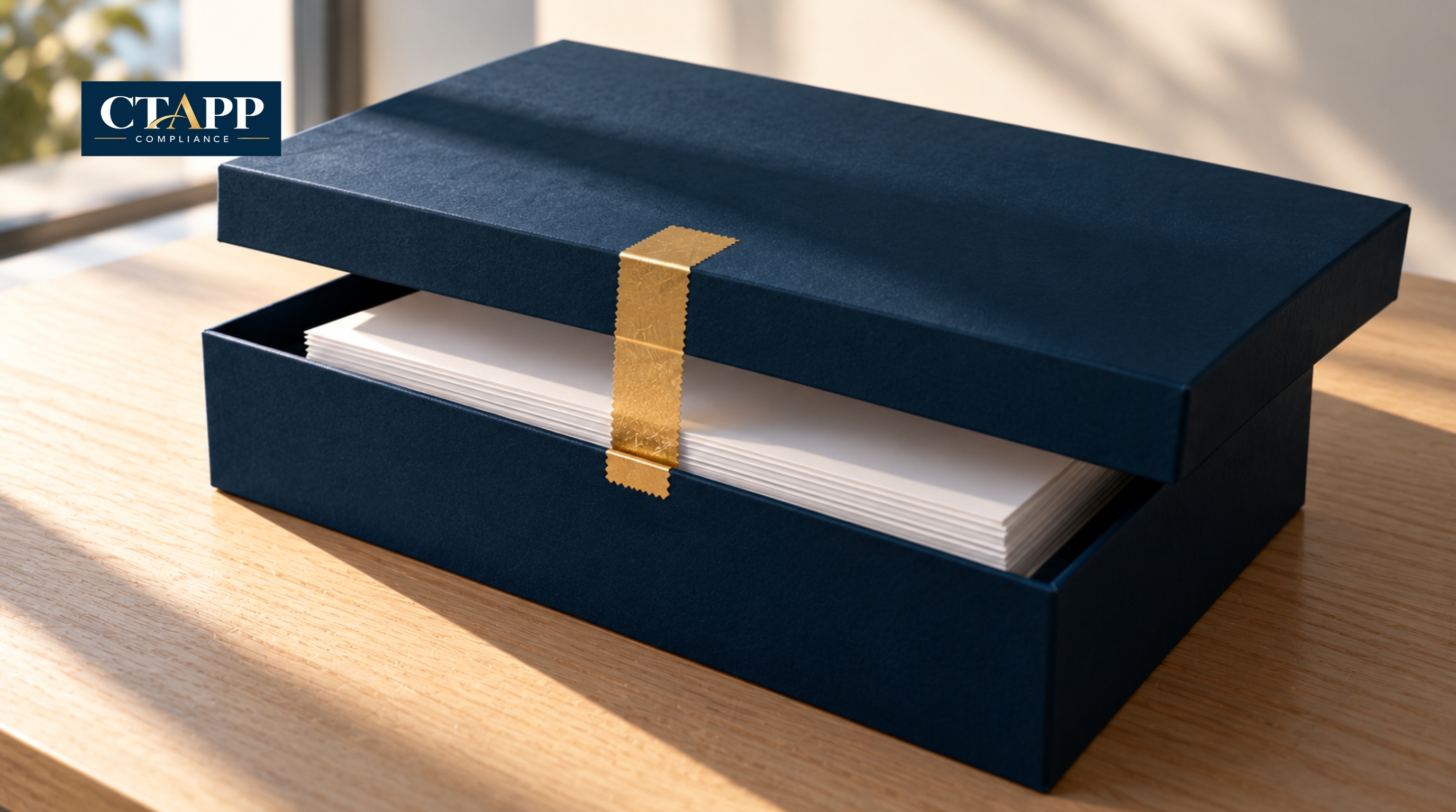 Navy archive box with gold tamper-evident tape on a pale oak table